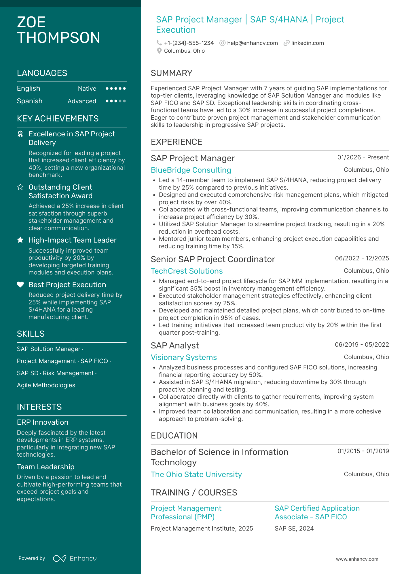 SAP Project Manager resume example