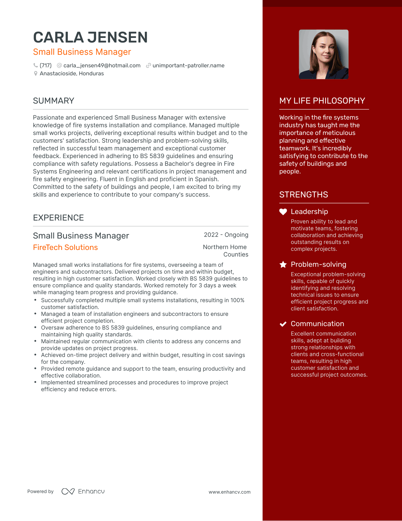 Small Business Manager resume example