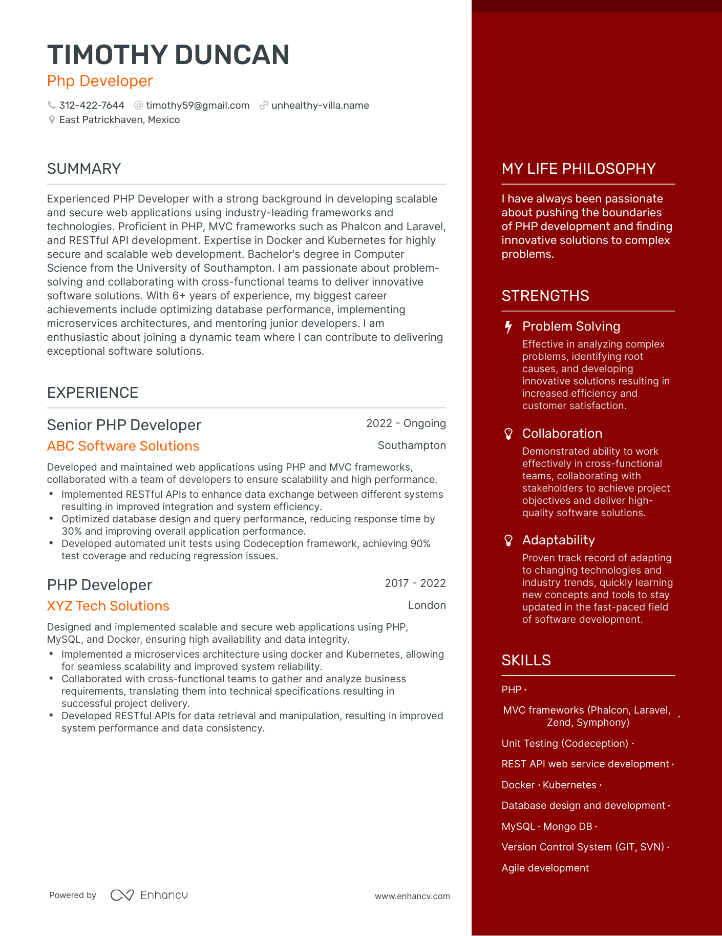 Php Developer resume example