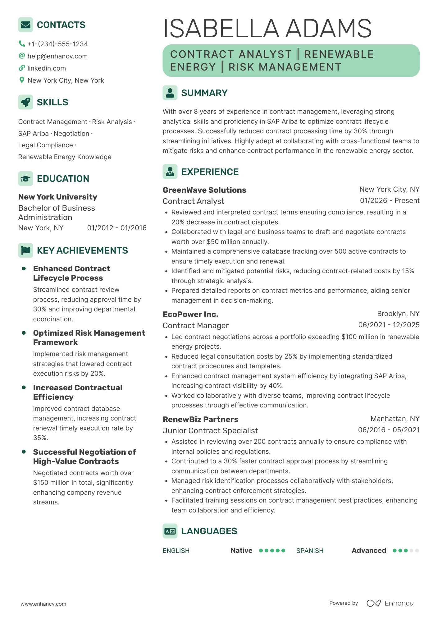 Contract Analyst resume example