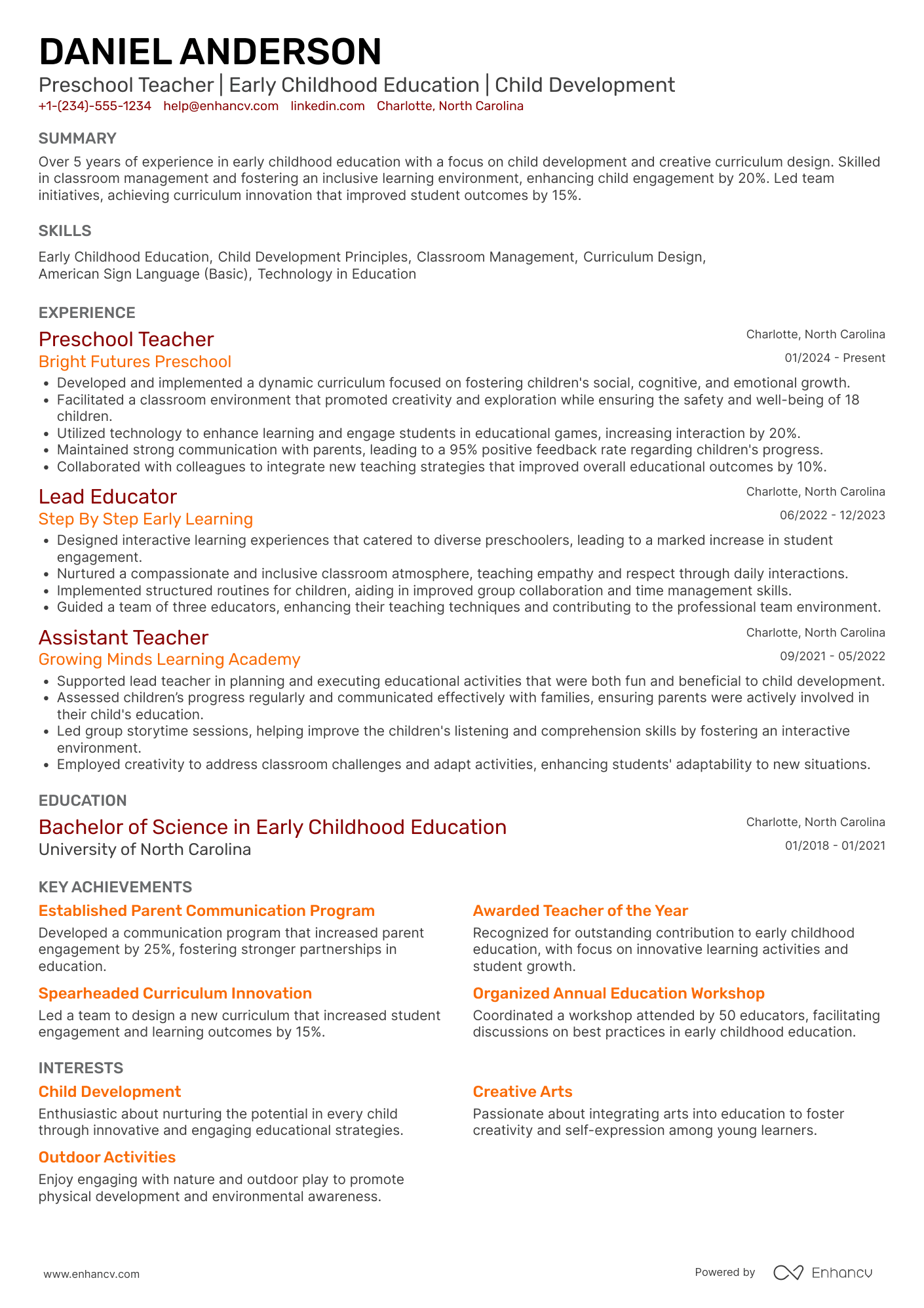 Preschool Teacher resume example