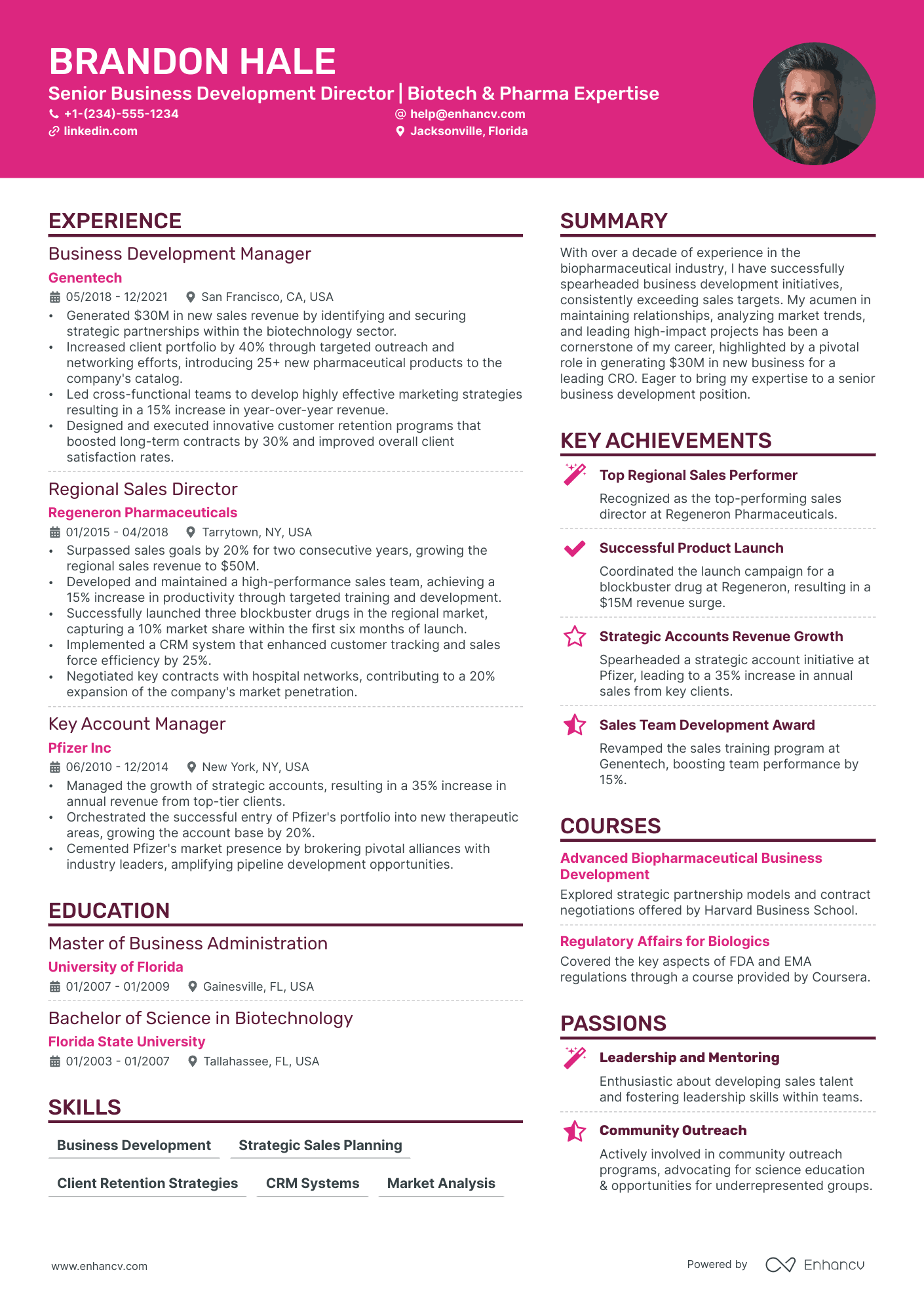 A double column resume template with a pink colored resume header.