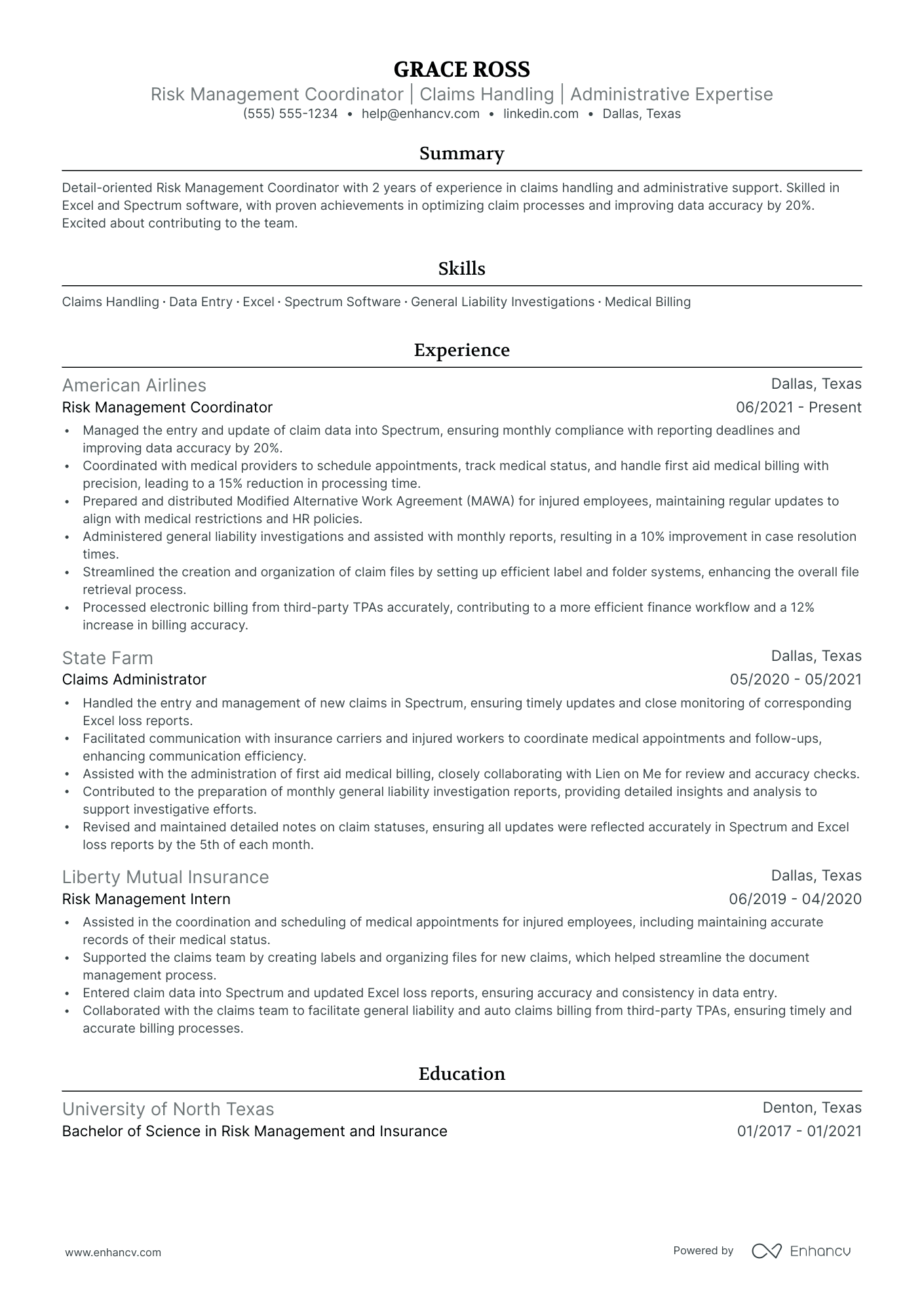 Risk Management Coordinator resume example