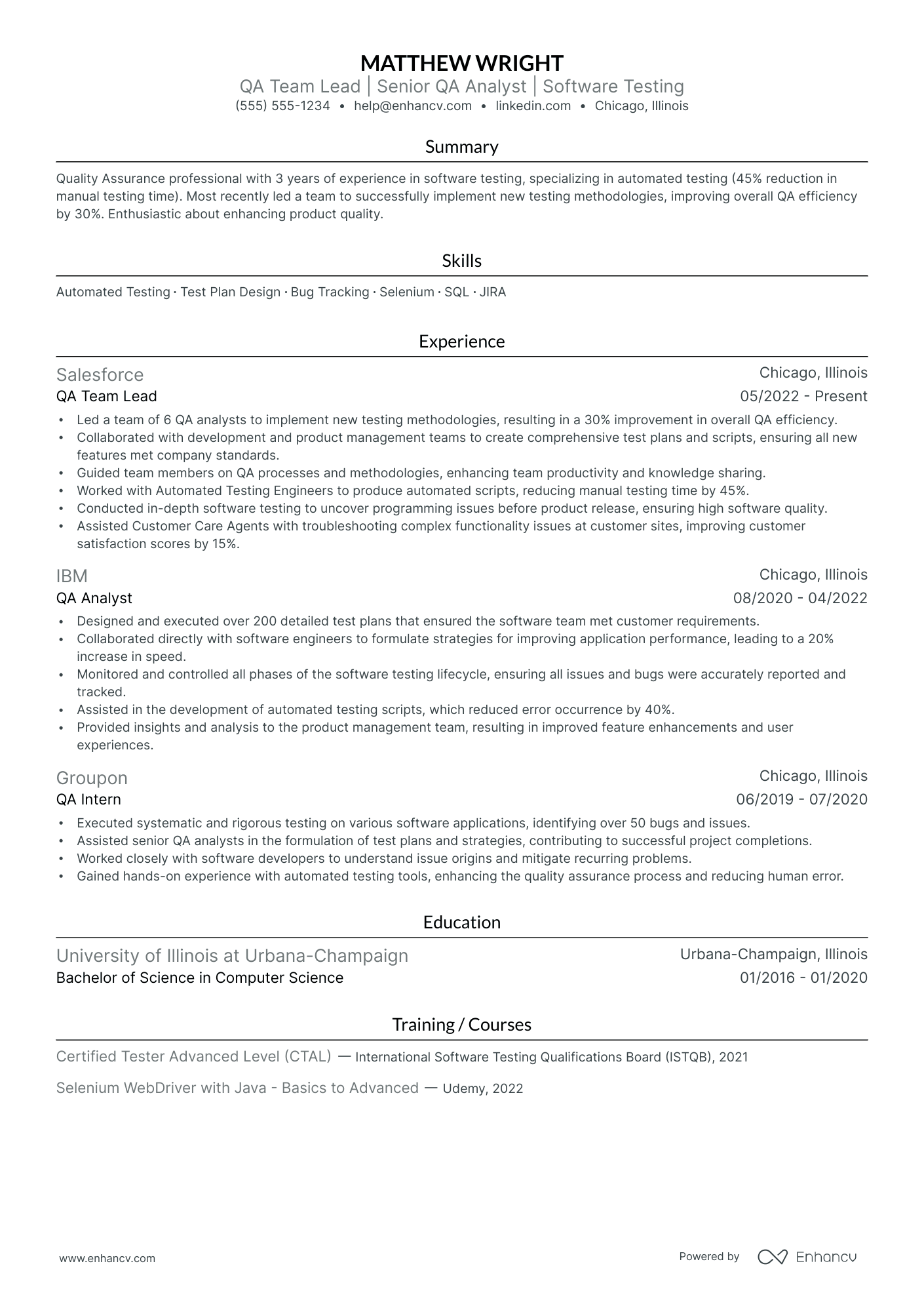 QA Tester Team Lead resume example