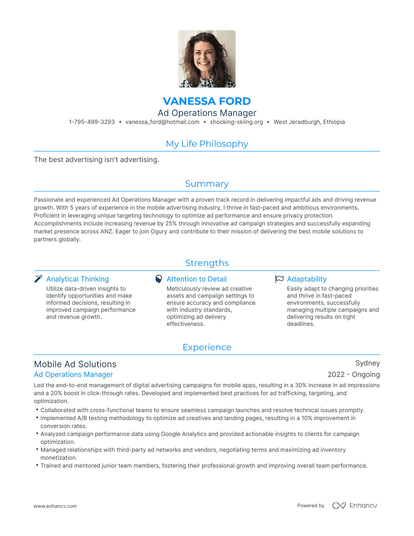 Modern Ad Operations Manager Resume Example