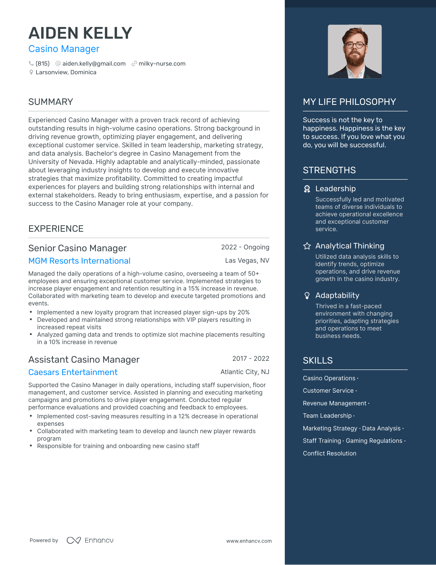 Modern Casino Manager Resume Example