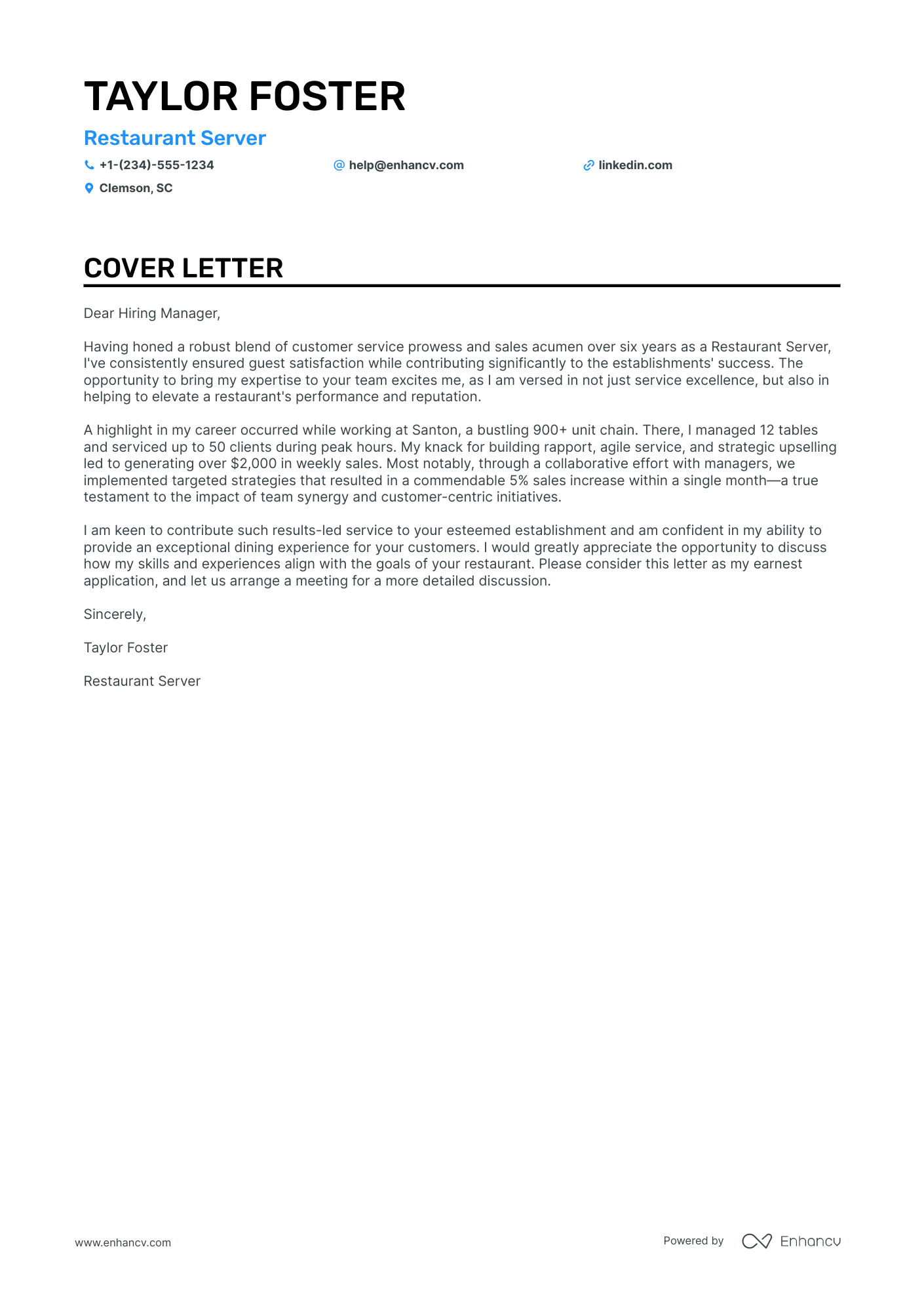 Server cover letter