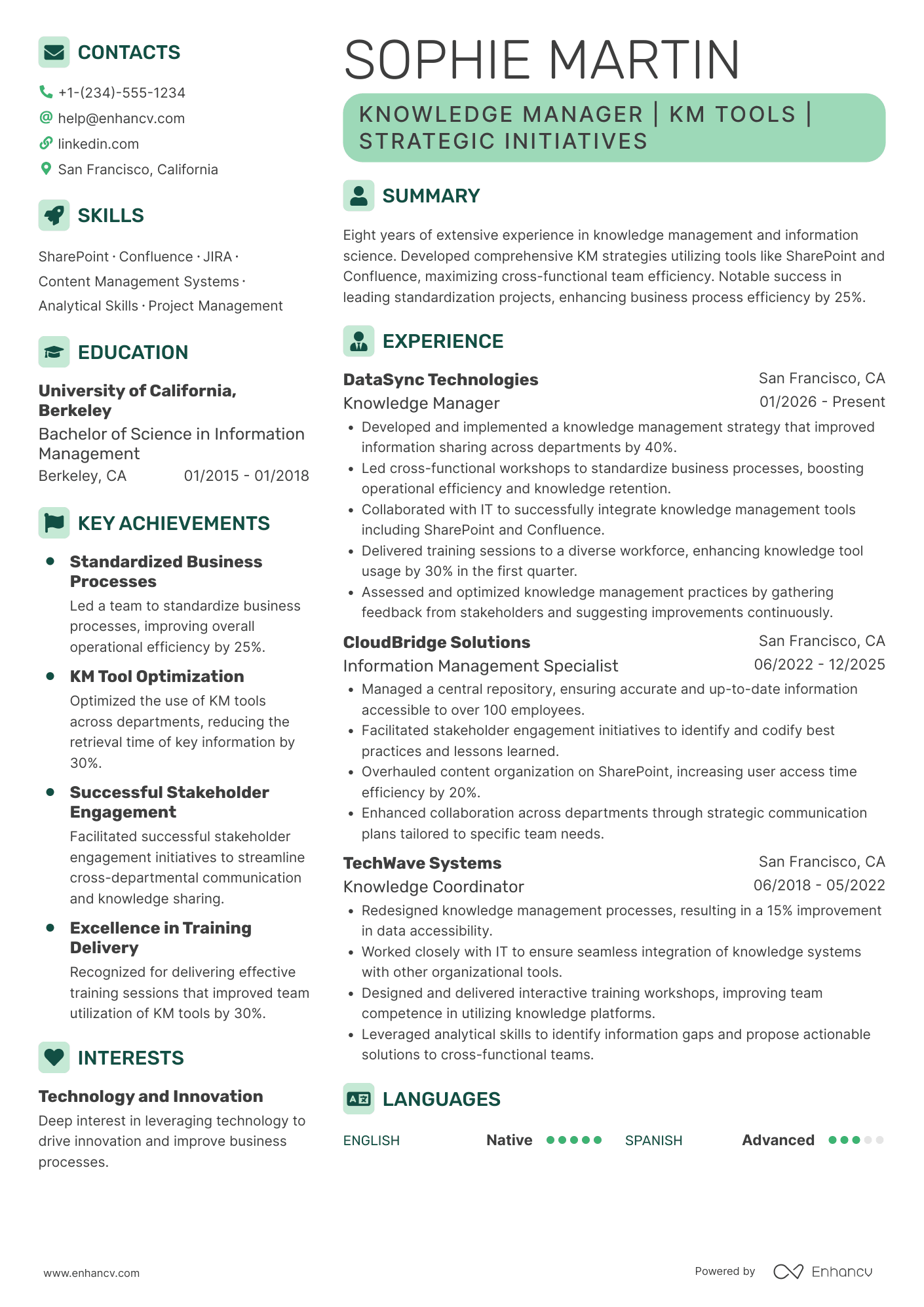 Knowledge Manager resume example