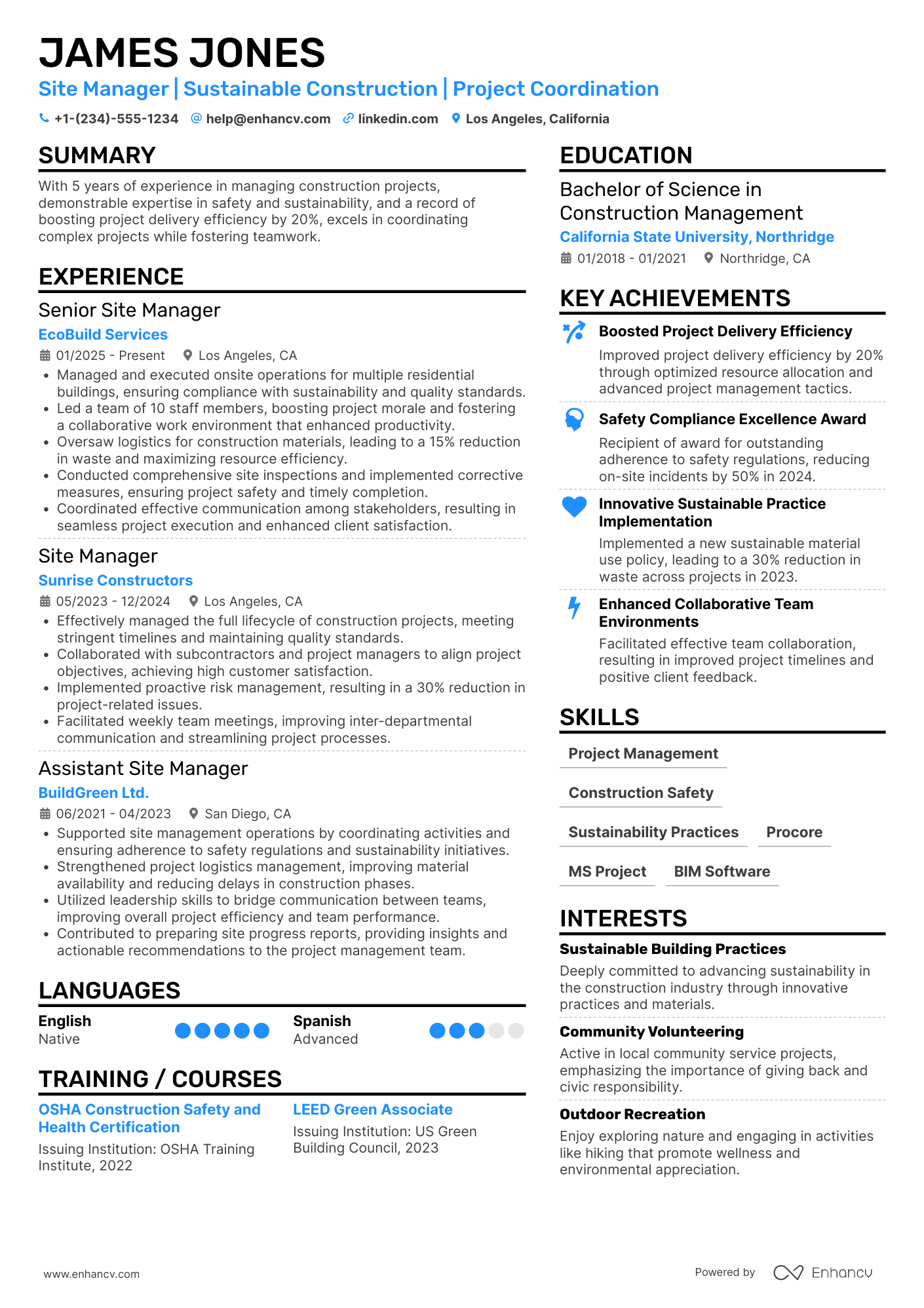 Site Manager resume example