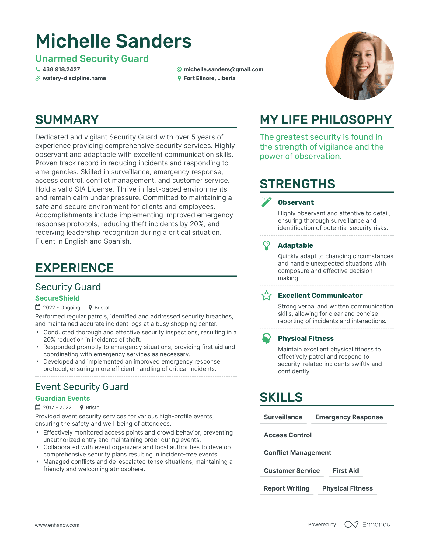 Unarmed Security Guard resume example