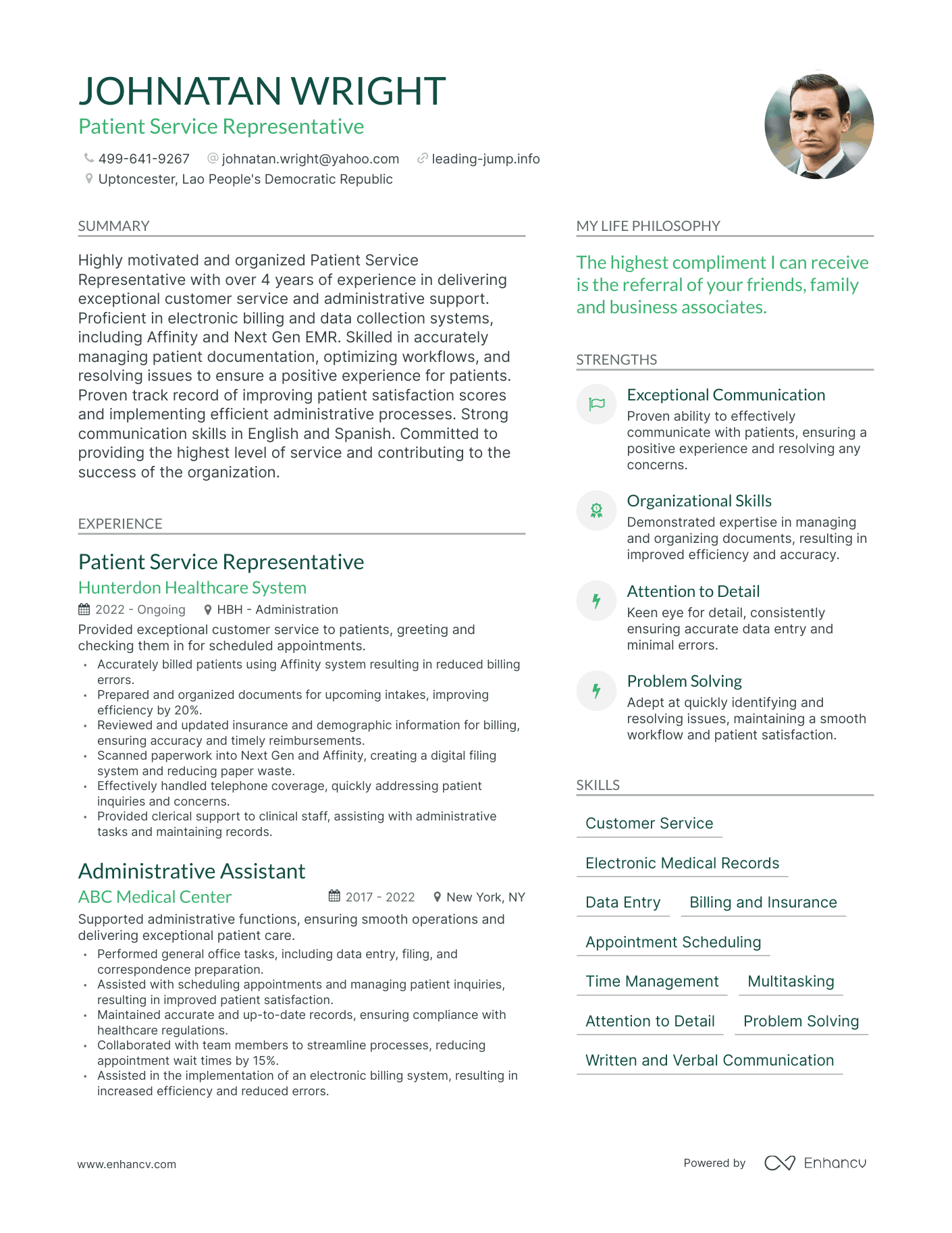 Modern Patient Service Representative Resume Example