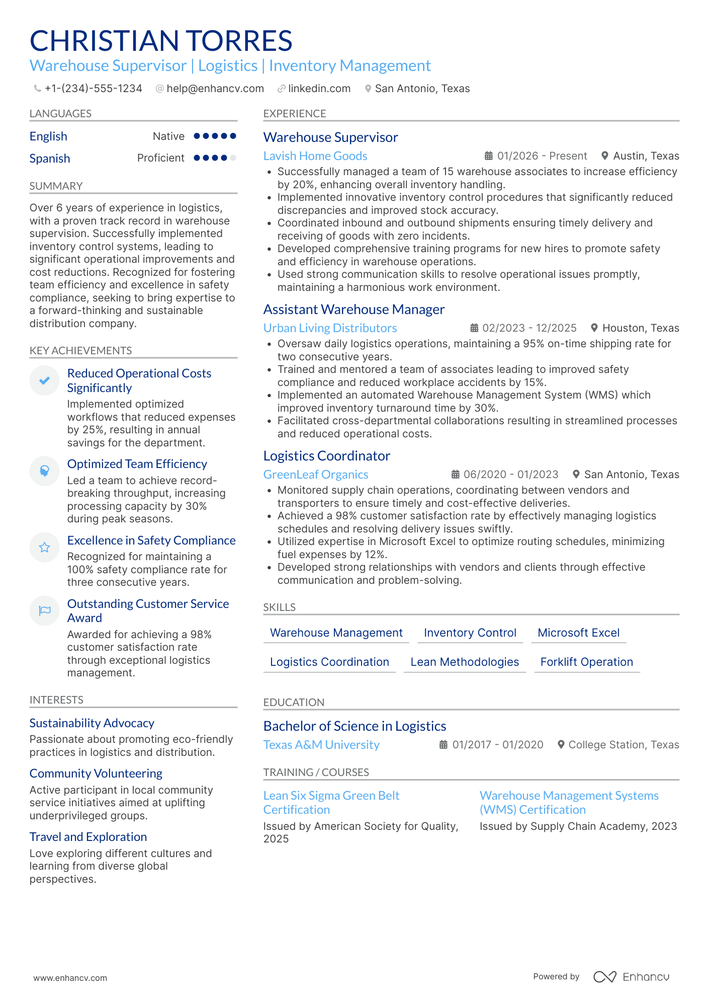 Warehouse Supervisor resume example