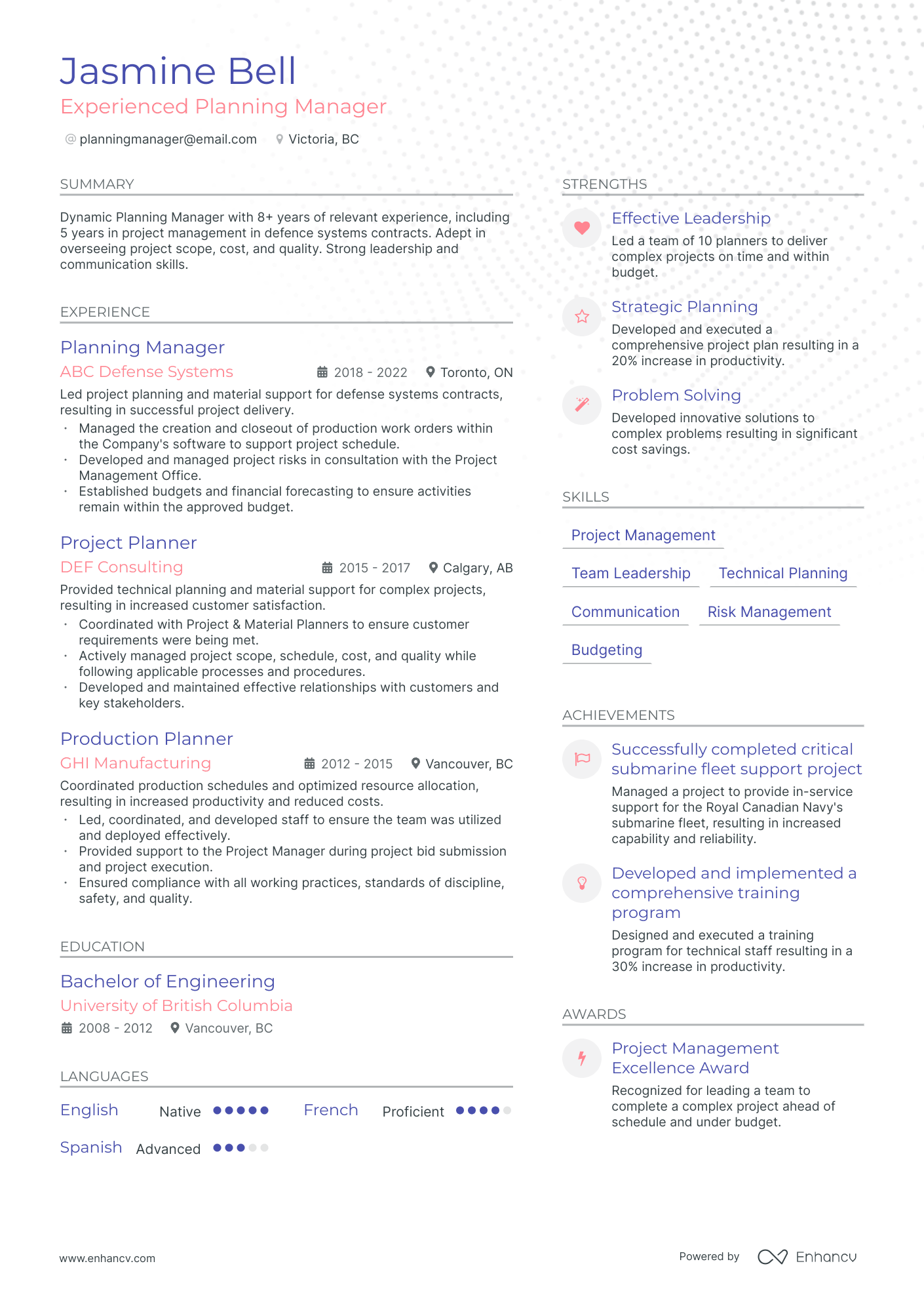 Planning Manager resume example