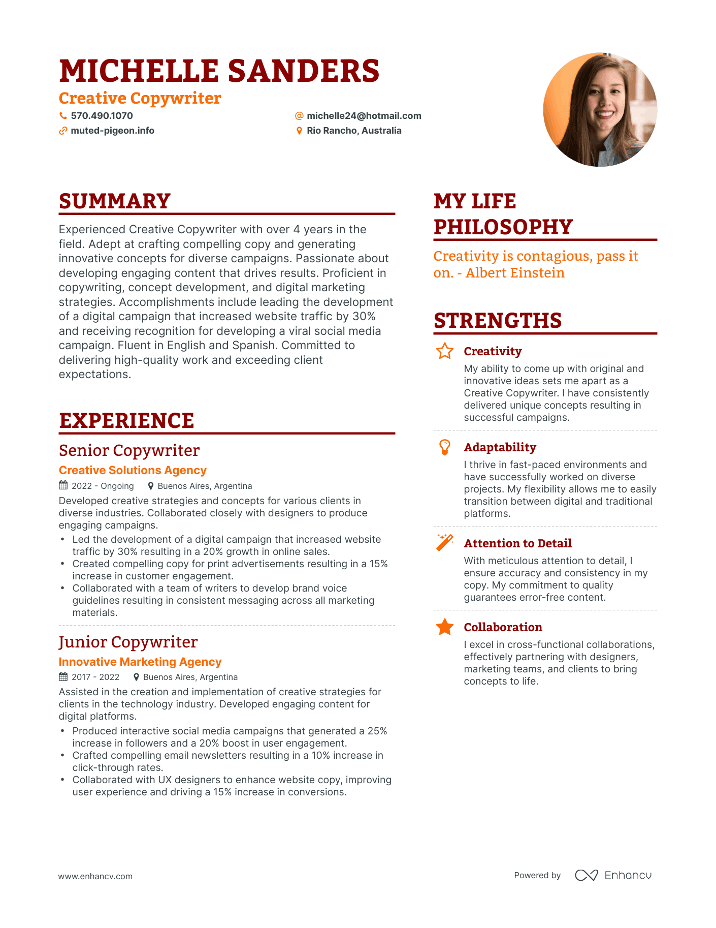 Creative Copywriter resume example