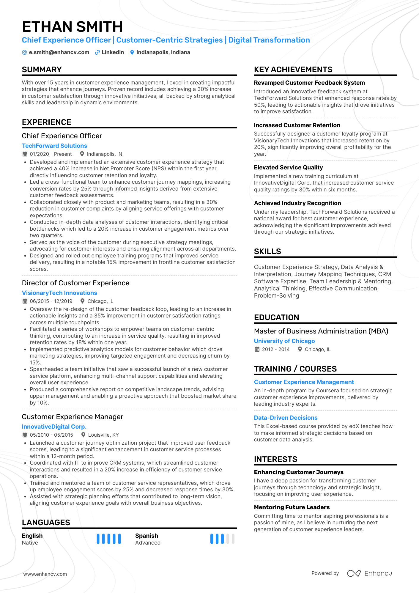 Double-column resume template A two column resume with a blue accent color and focus on experience and achievements.