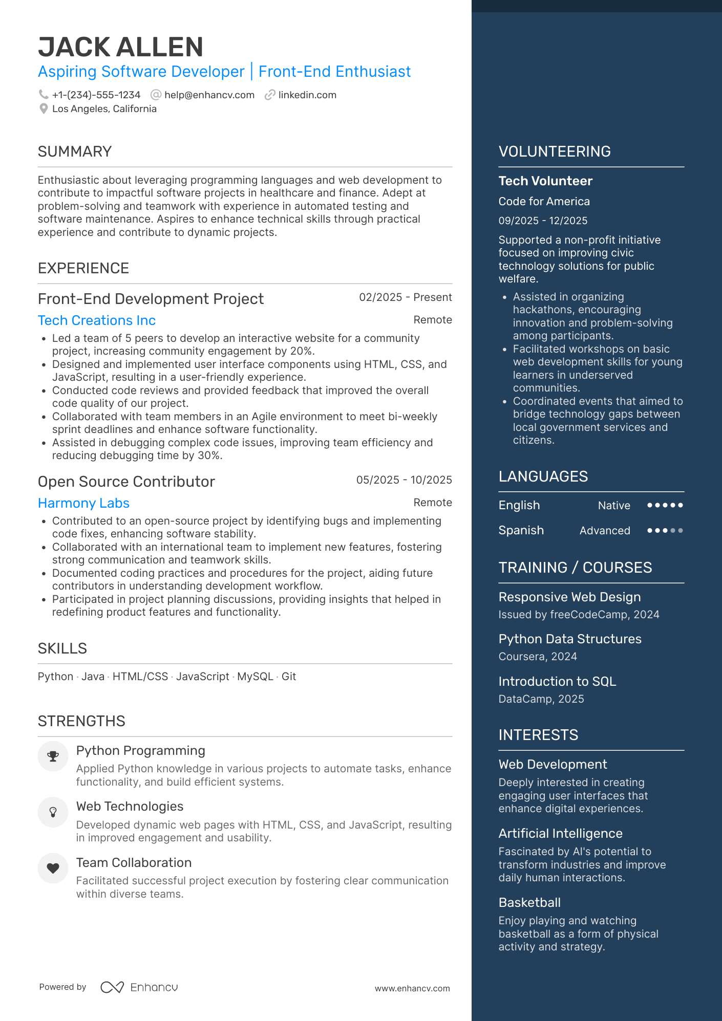 Computer Science Internship resume example
