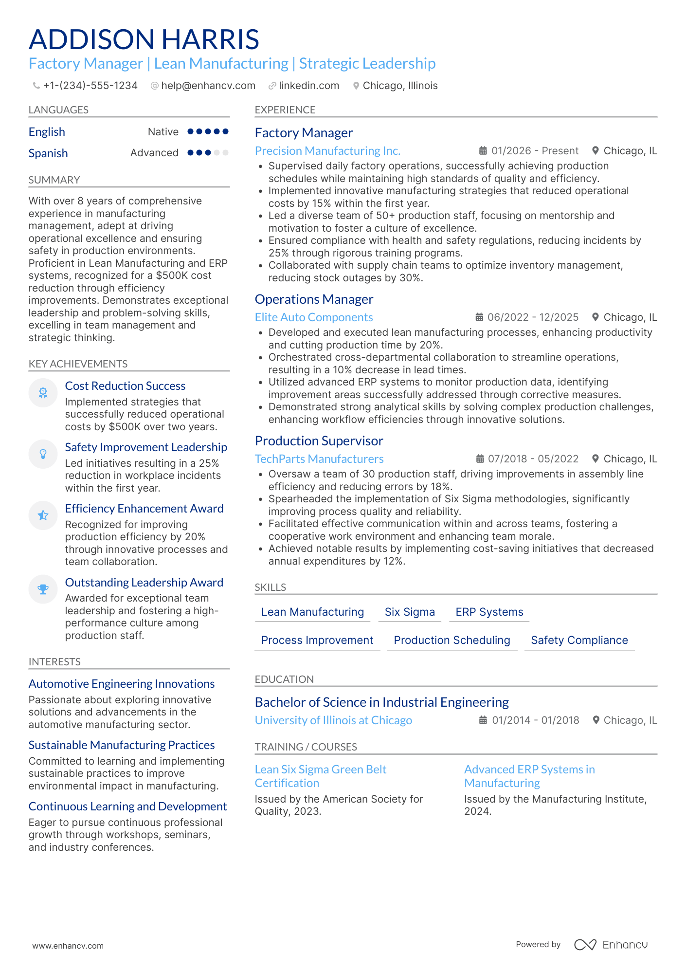 Factory Manager resume example