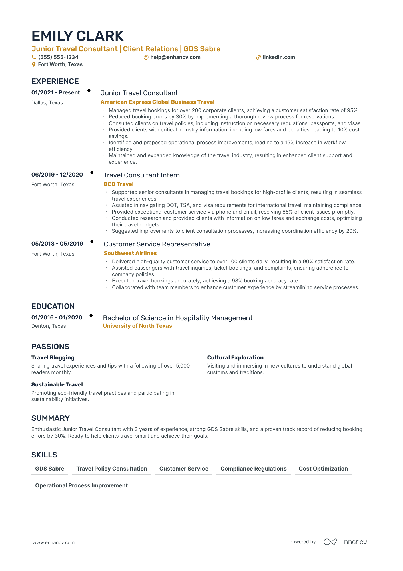 Senior Travel Agent resume example