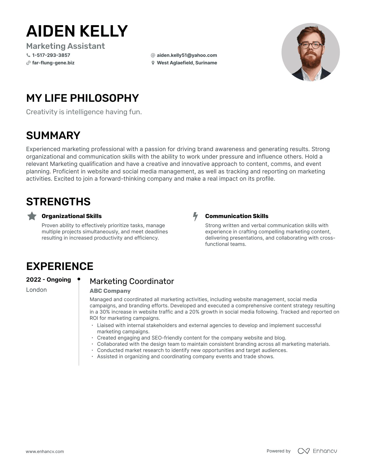 Creative Marketing Assistant Resume Example