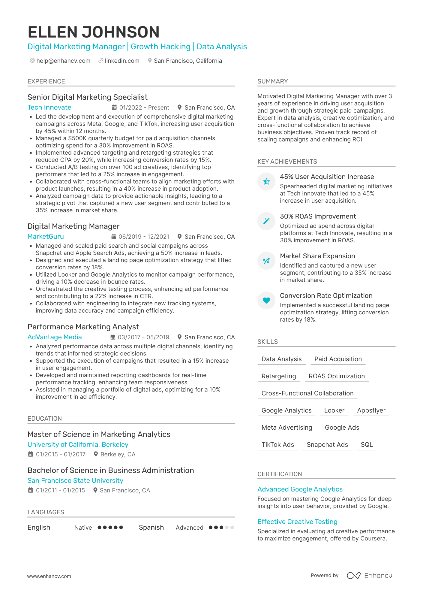 A resume with two columns and a photo in the resume header and aqua accent color. A long summary and an experience section in focus.