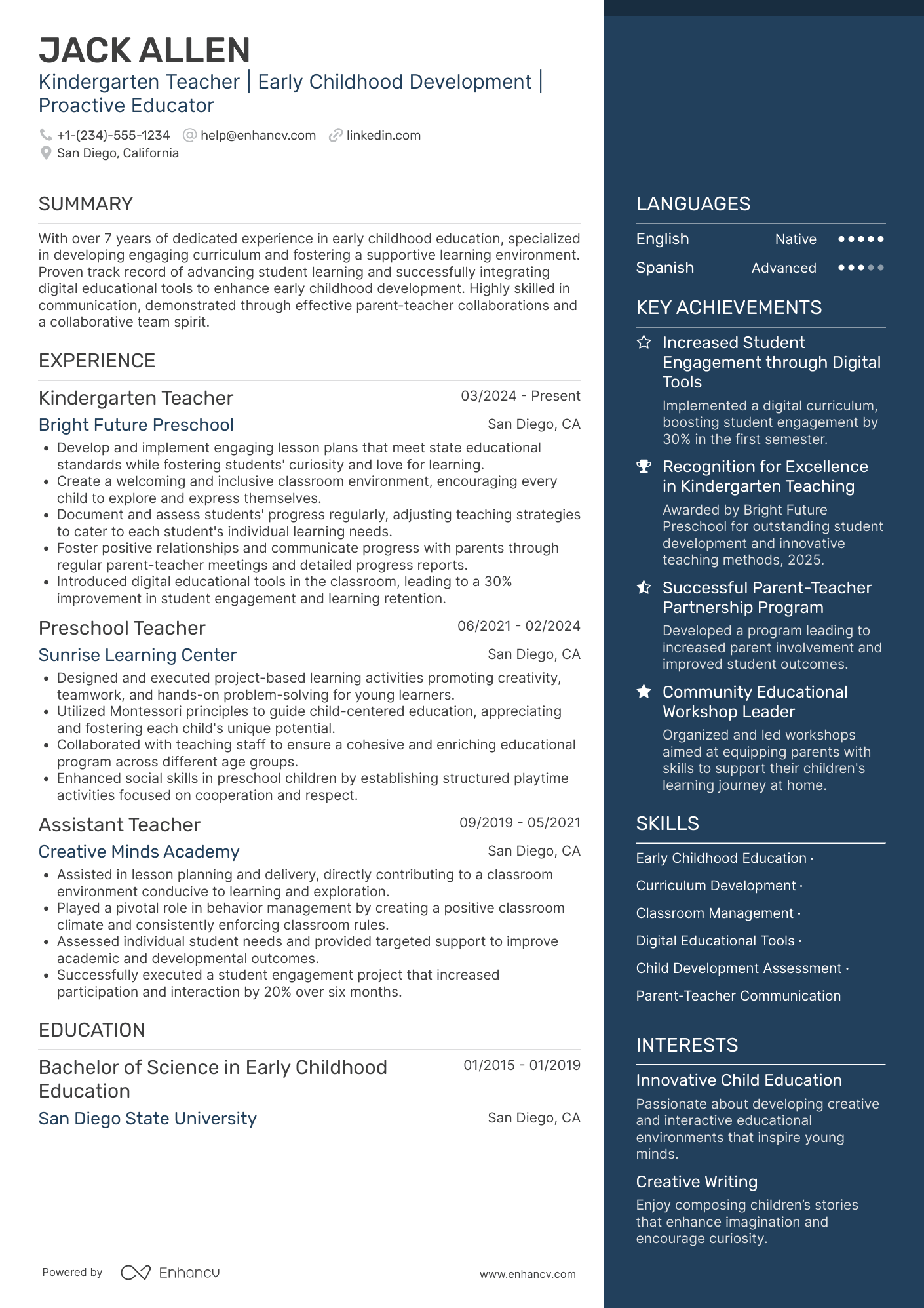 Kindergarten Teacher resume example