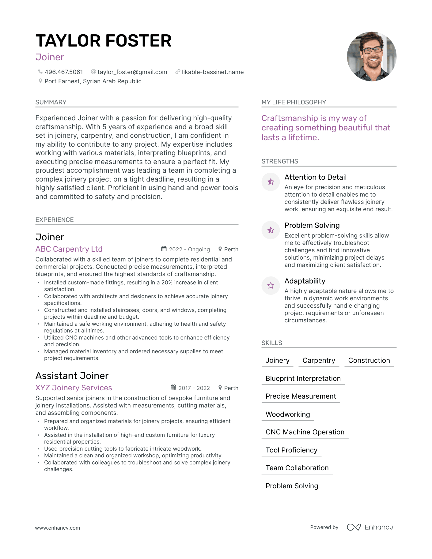 Joiner resume example