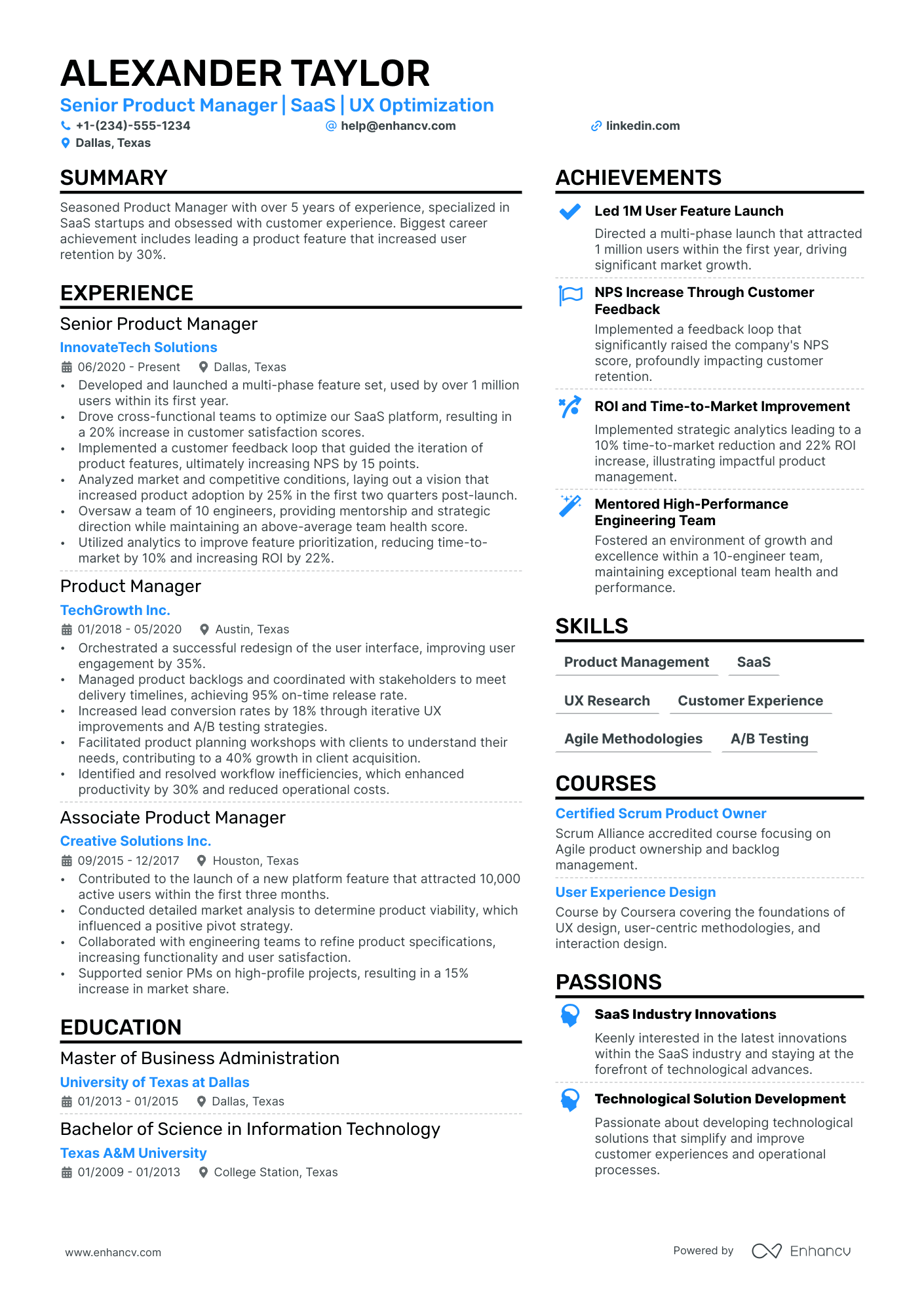 SaaS Product Manager resume example