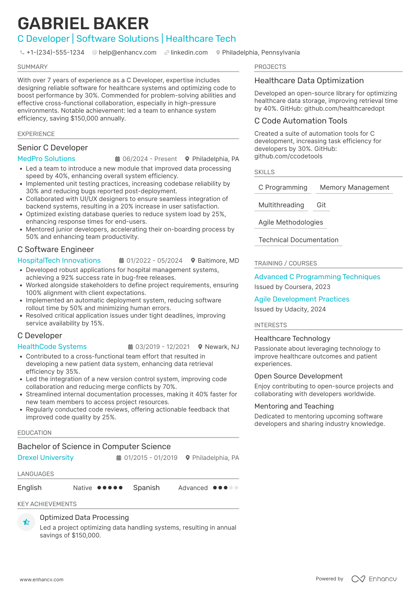 C Developer resume example