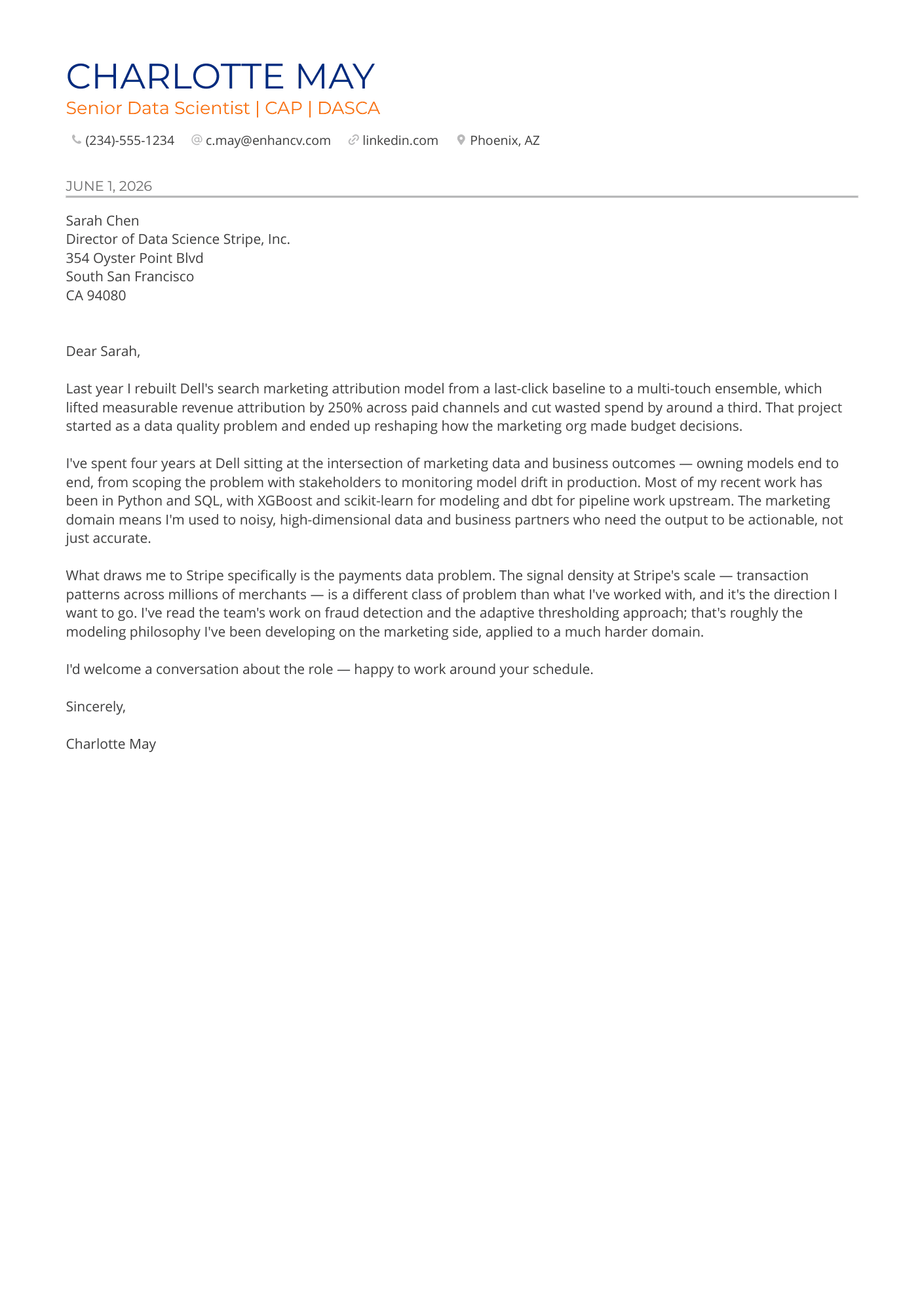 Data Scientist cover letter