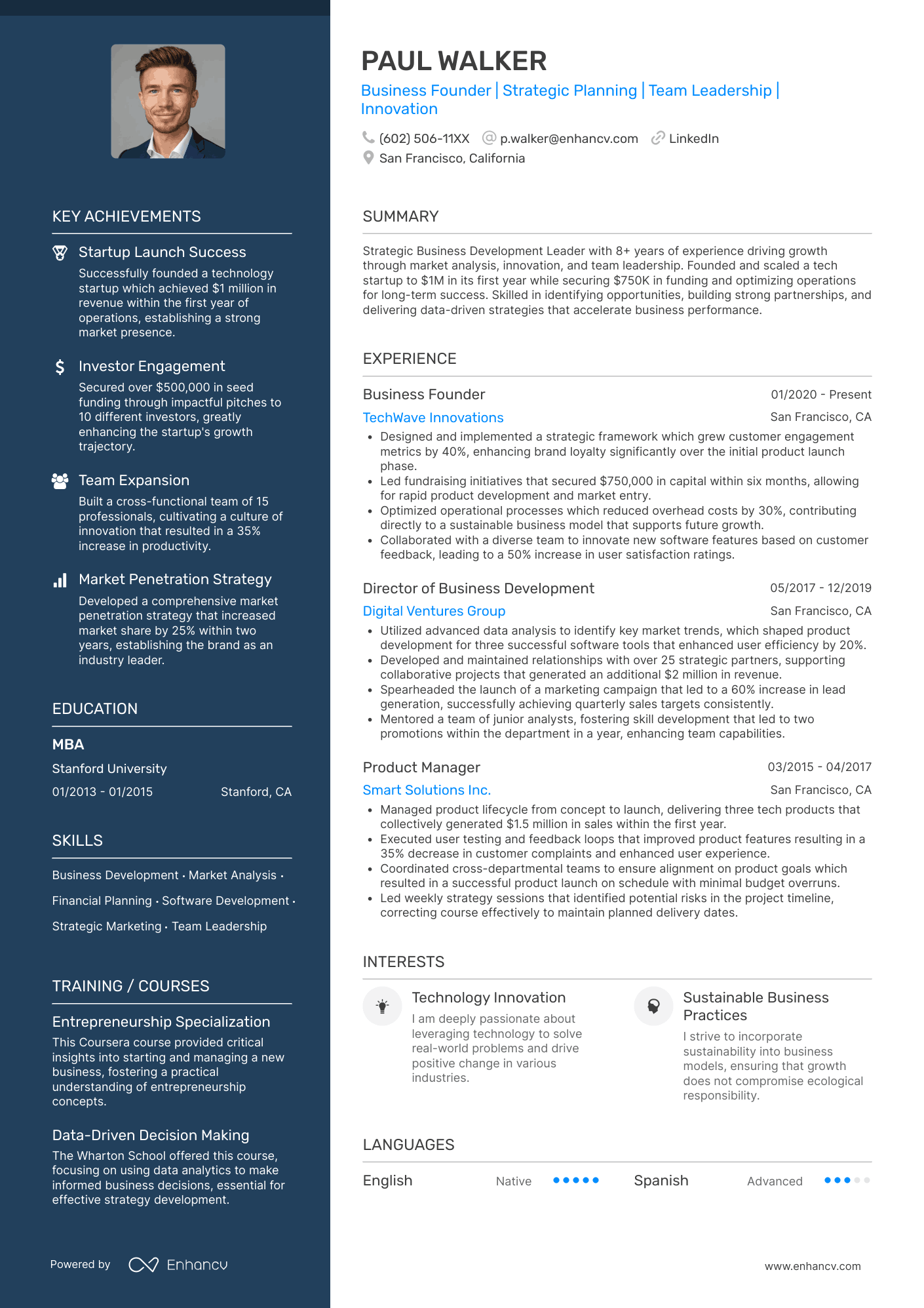 A polished template with a focus on key achievements and skills. Red/rust colored left column for highlights.