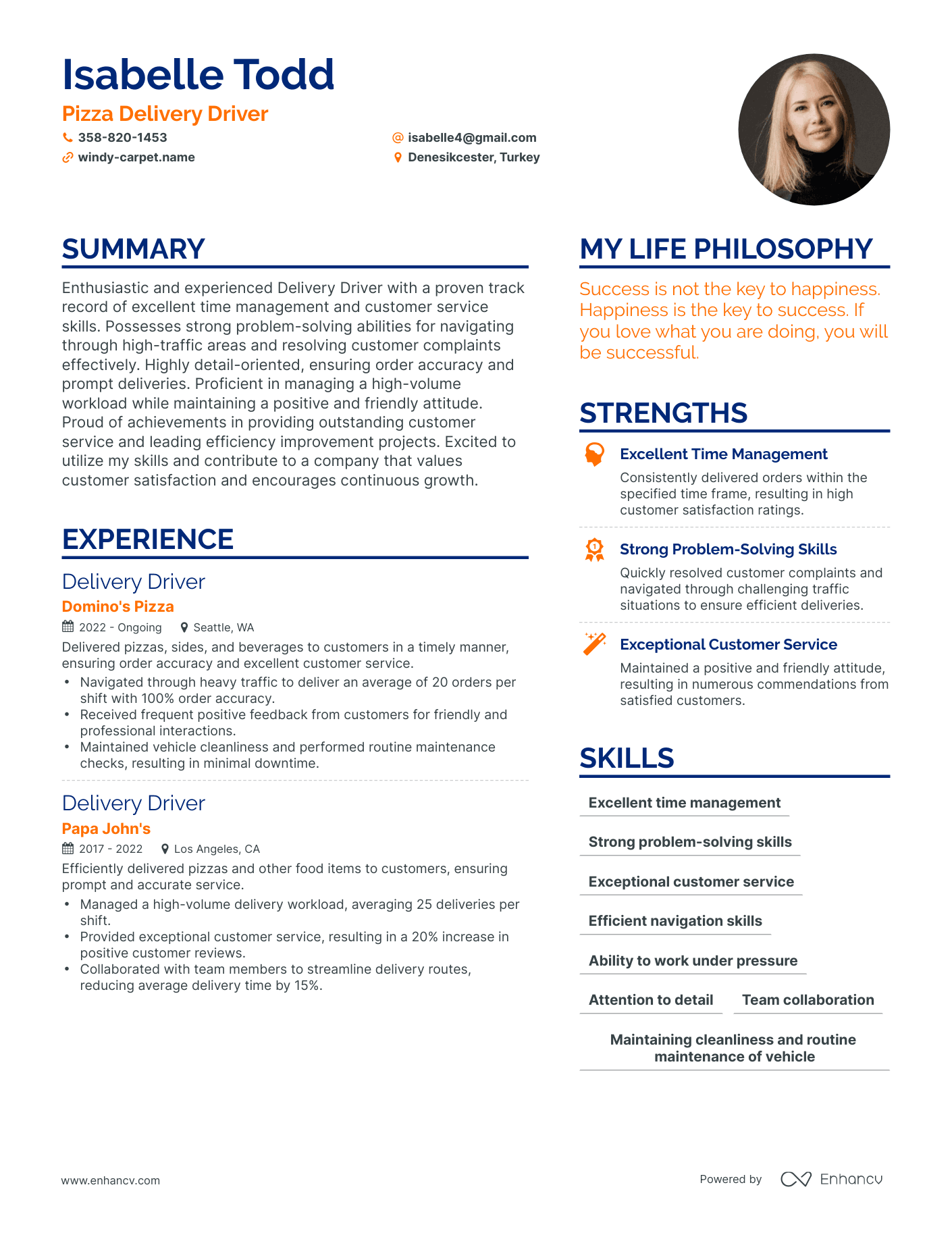 Pizza Delivery Driver resume example