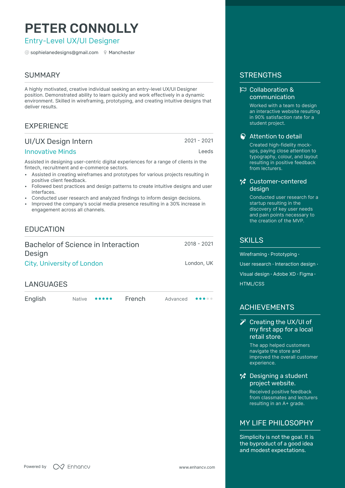 Entry Level UX/UI Designer CV example