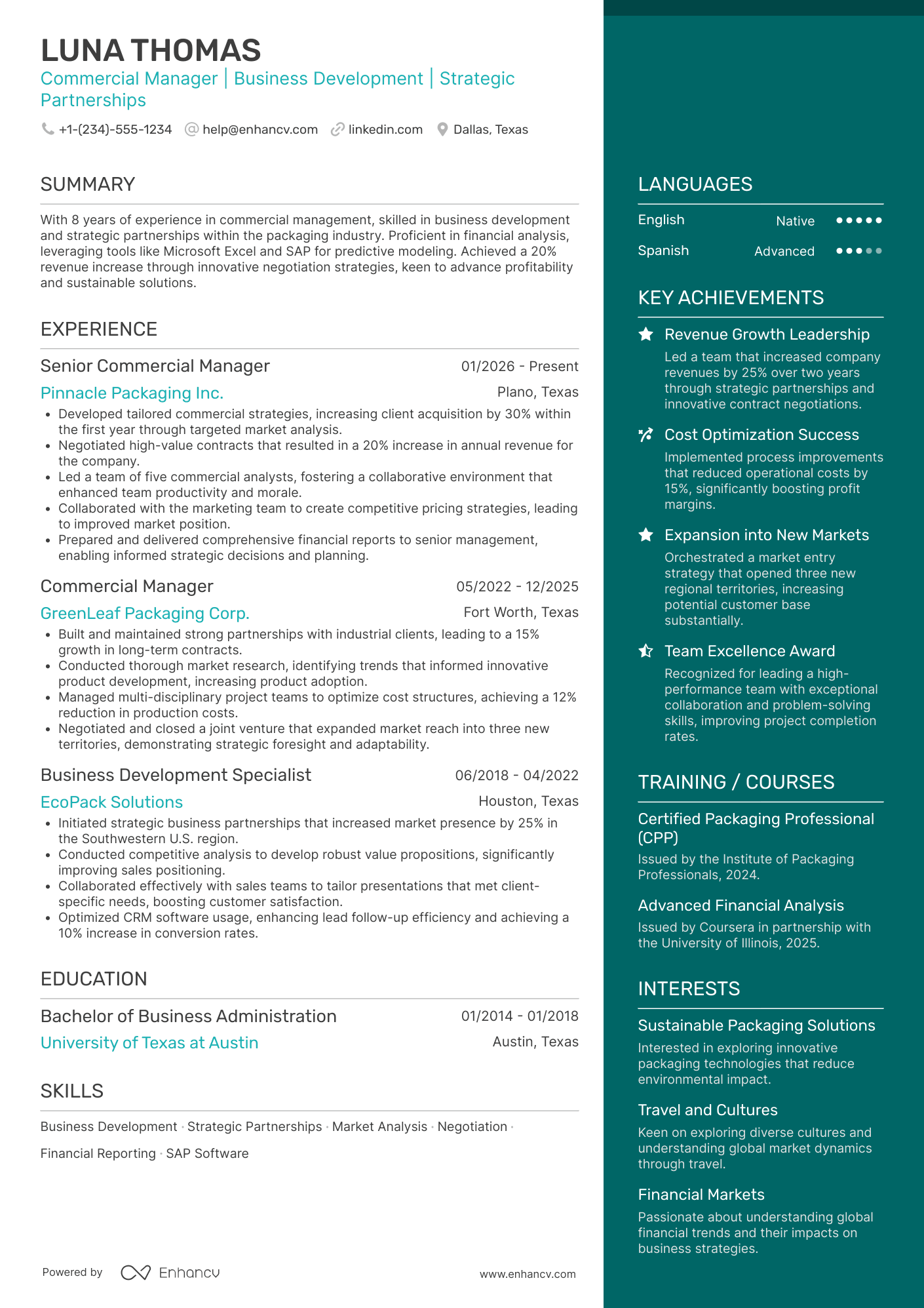 Commercial Manager resume example