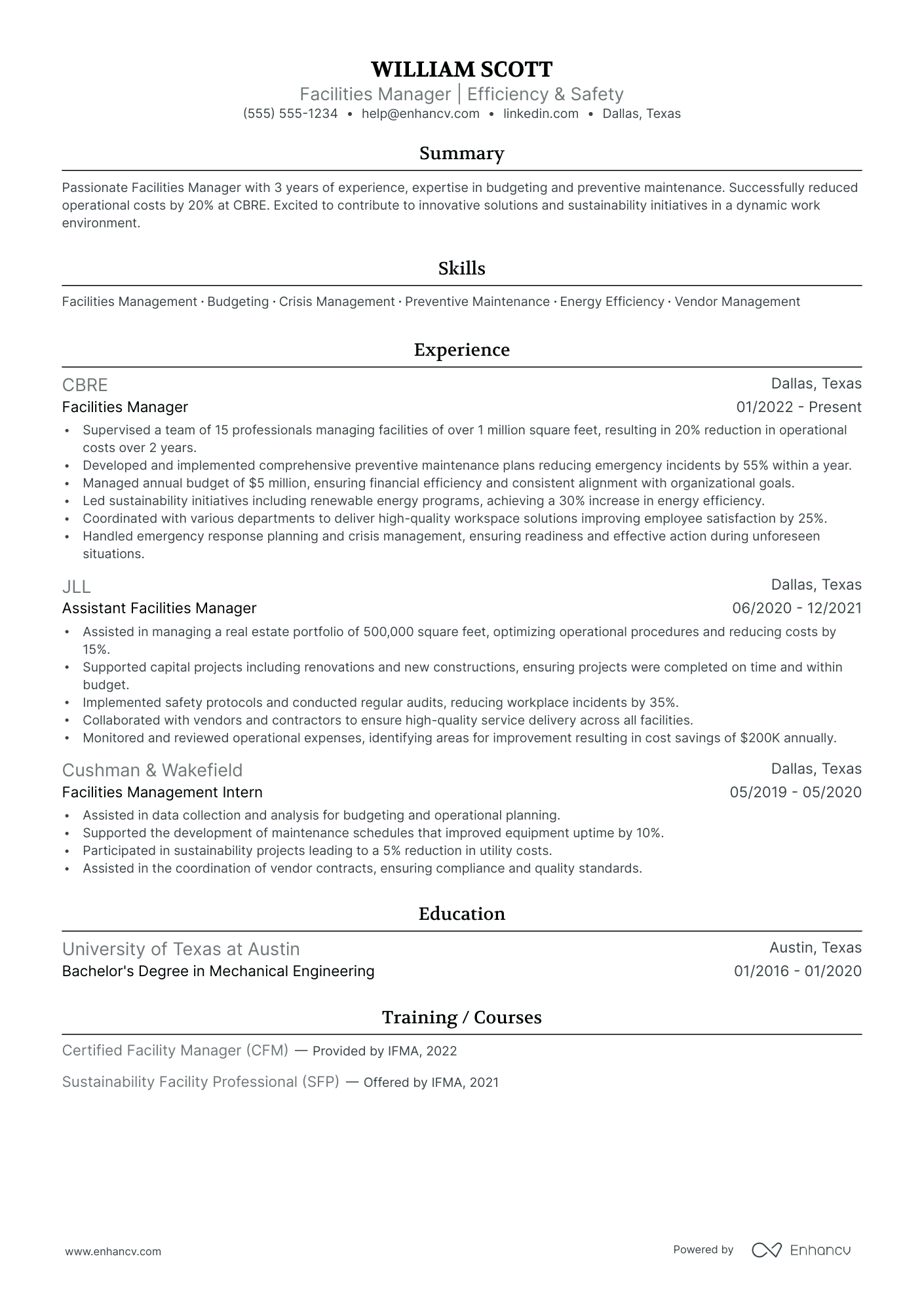 Senior Facilities Manager resume example