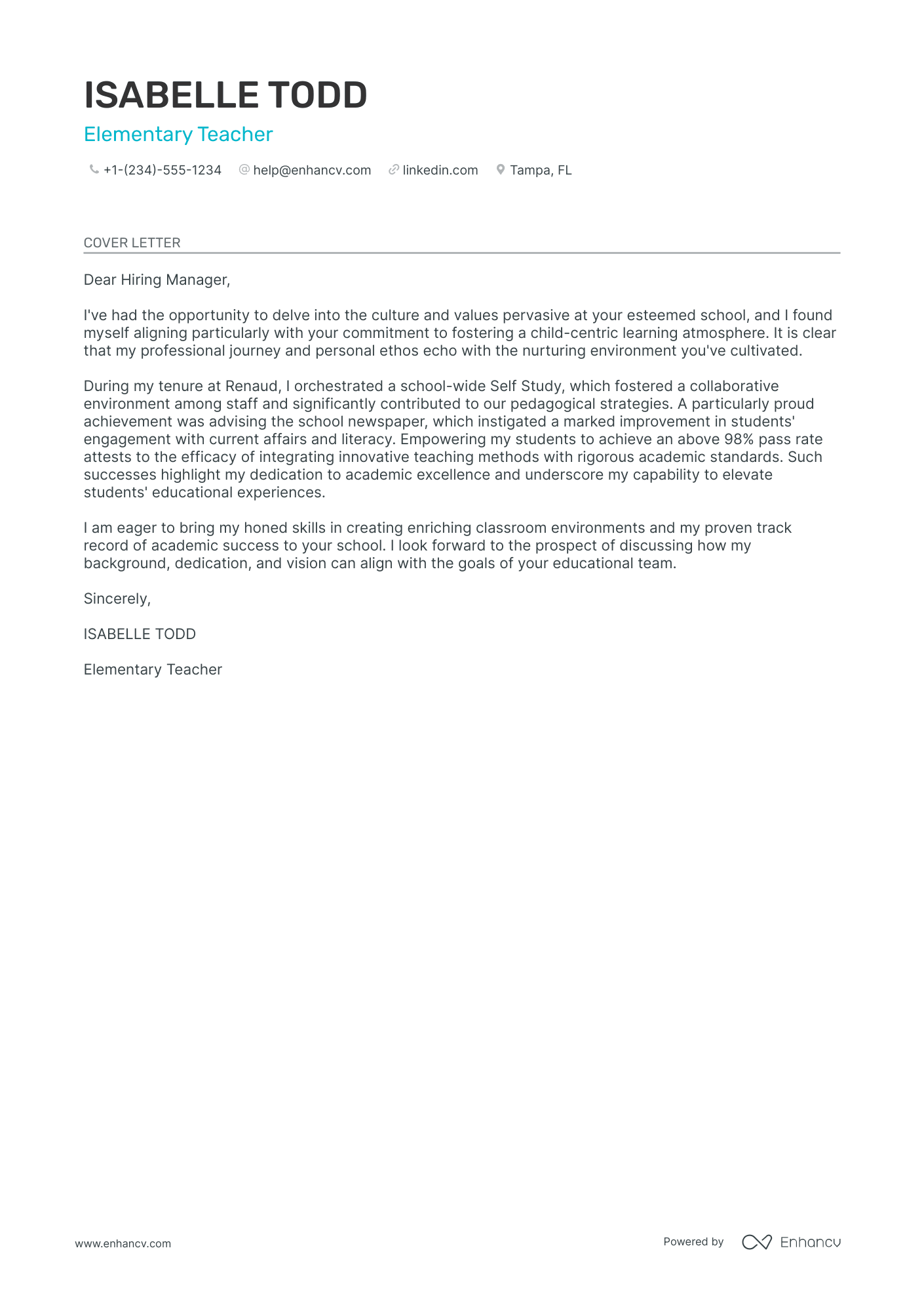 Elementary Teacher cover letter