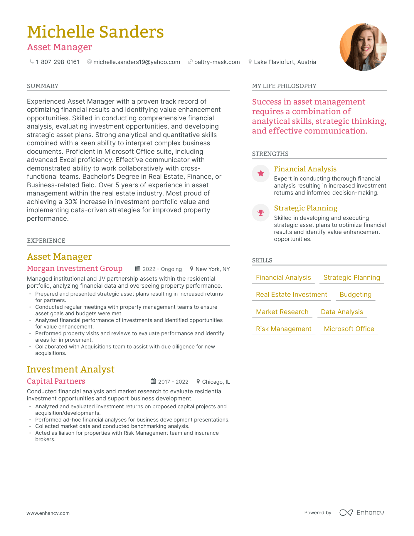 Modern Asset Manager Resume Example