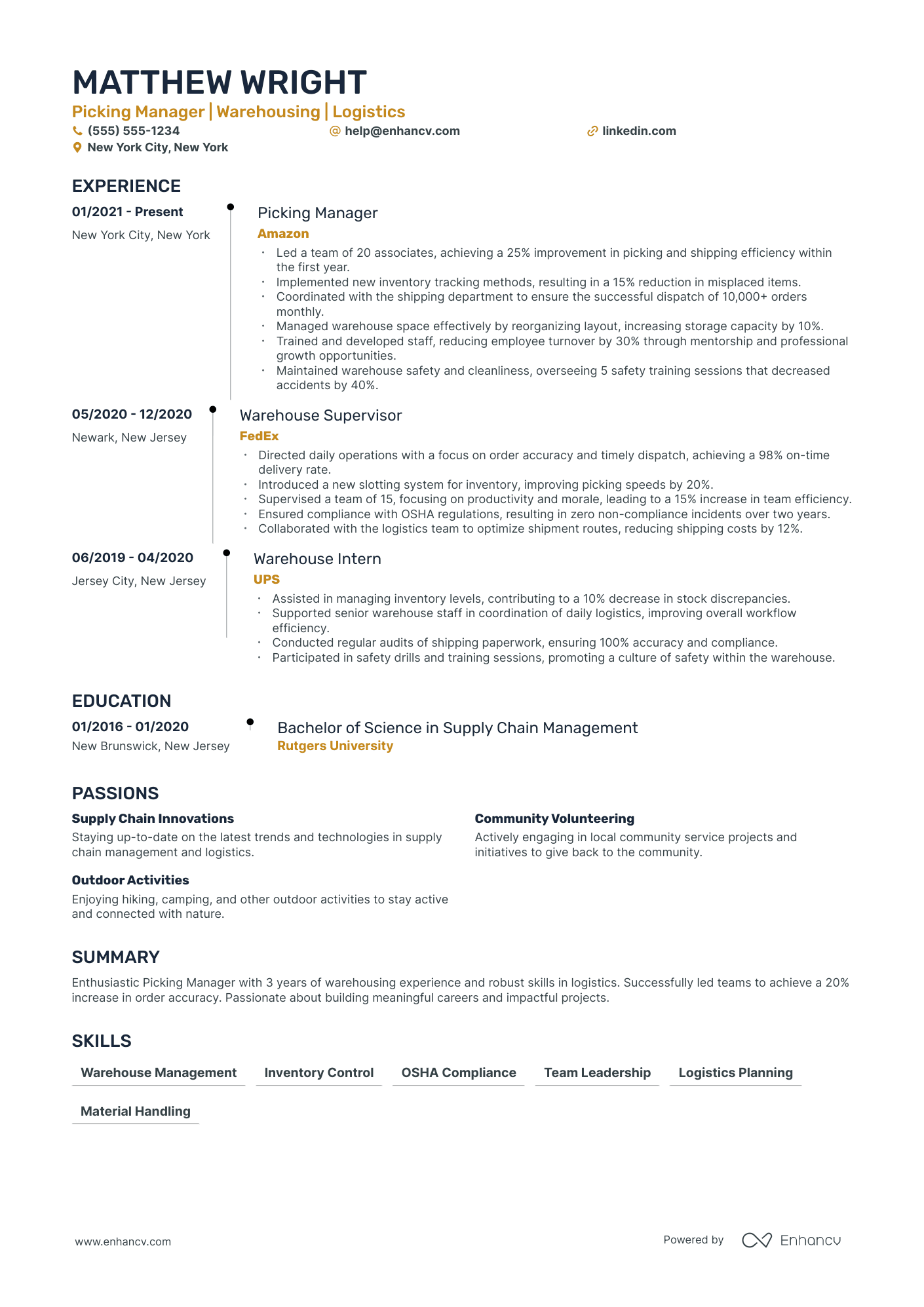 Warehouse Picking Associate resume example