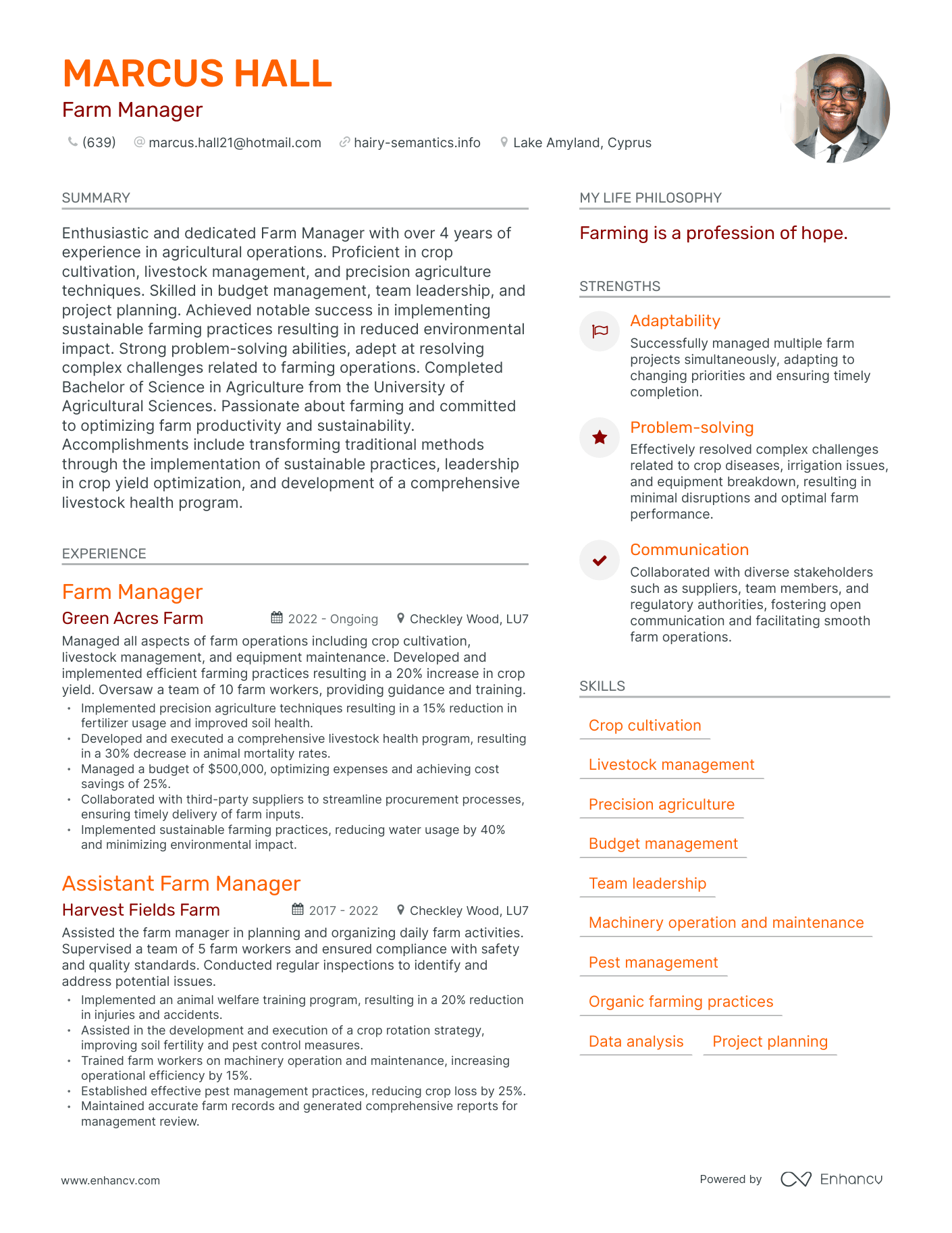 Modern Farm Manager Resume Example