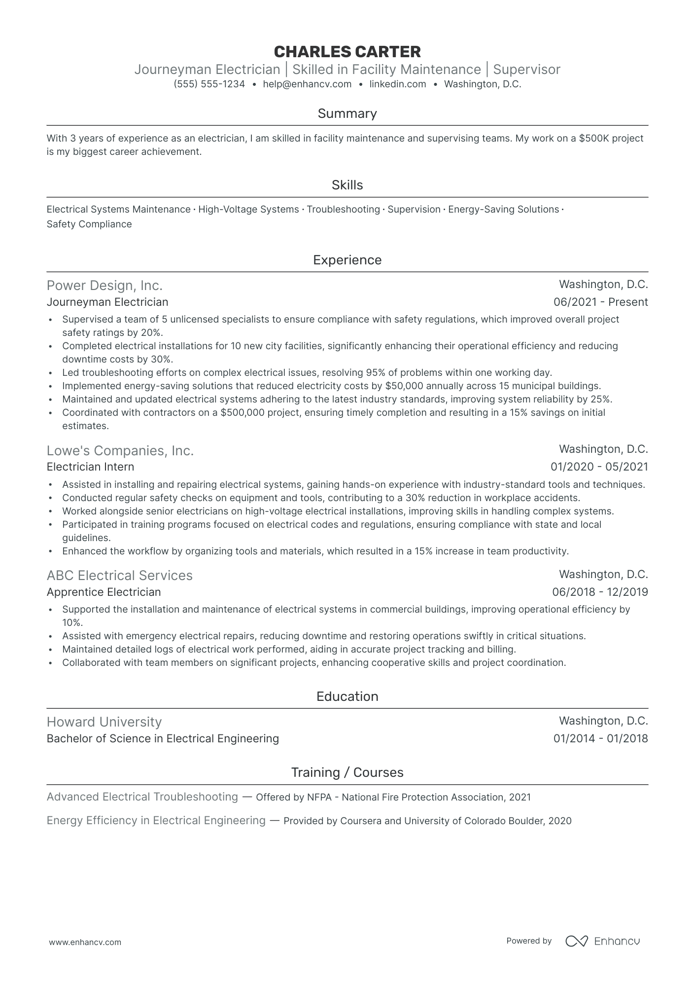 Journeyman Electrician resume example