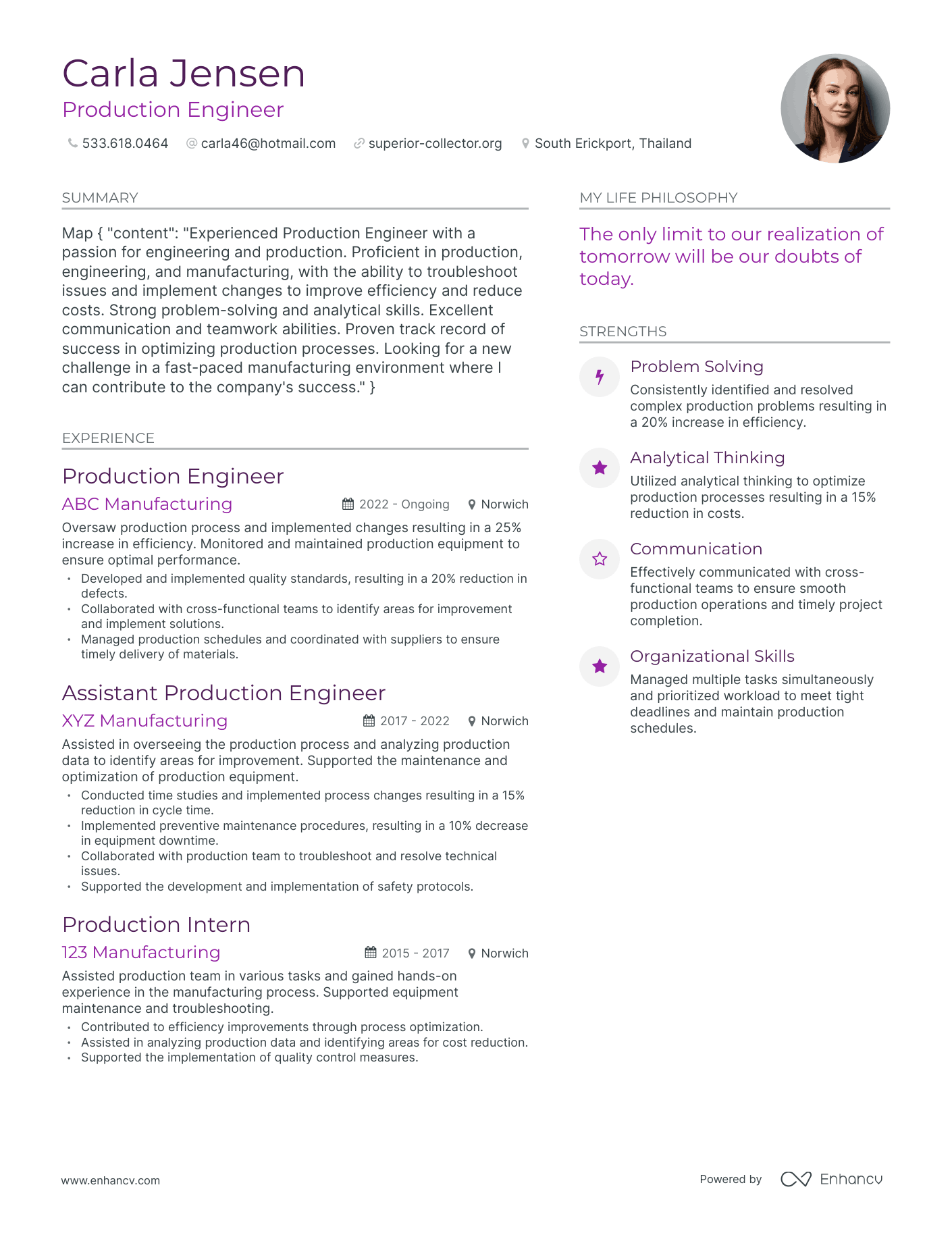 Production Engineer resume example
