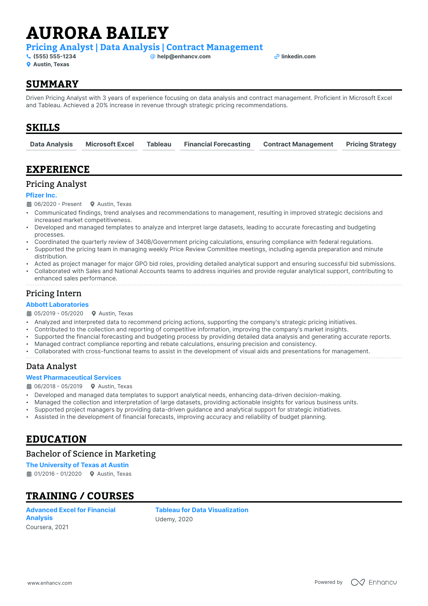 Pricing Analyst resume example