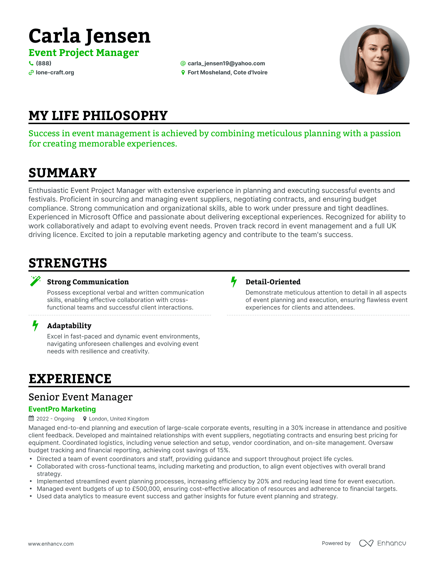 Creative Event Project Manager Resume Example