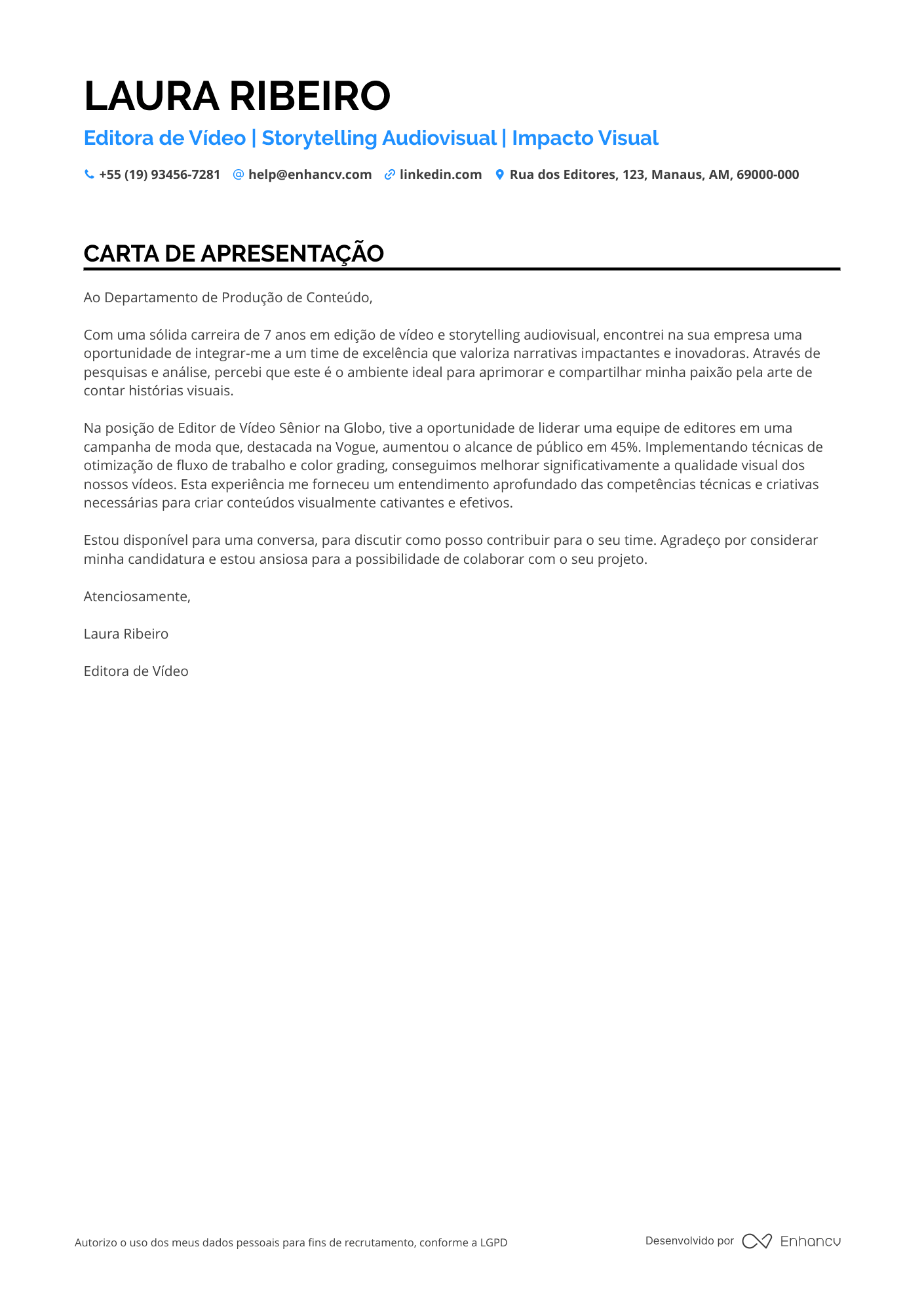 Editor de vídeo Carta de apresentação