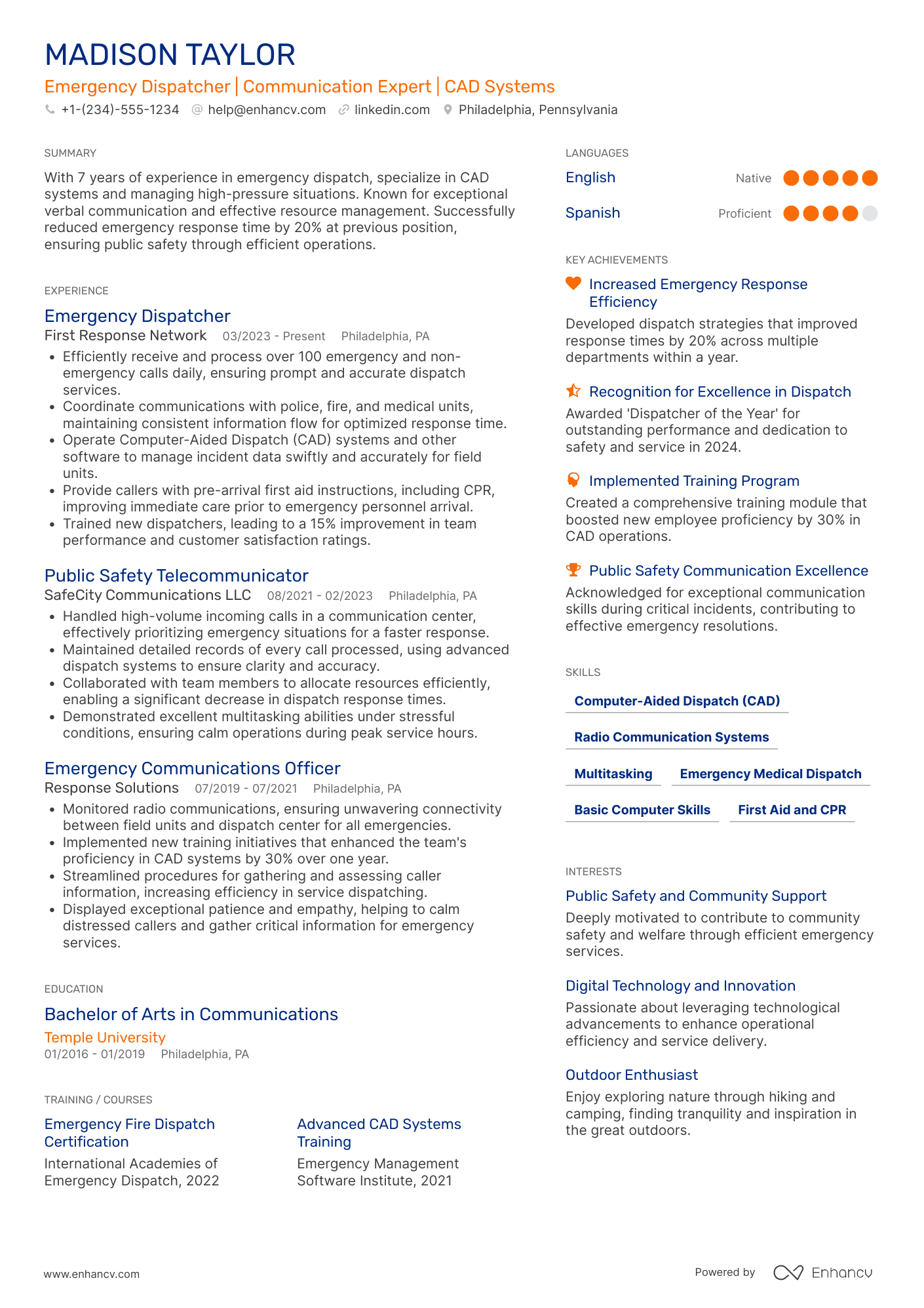 911 Dispatcher resume example