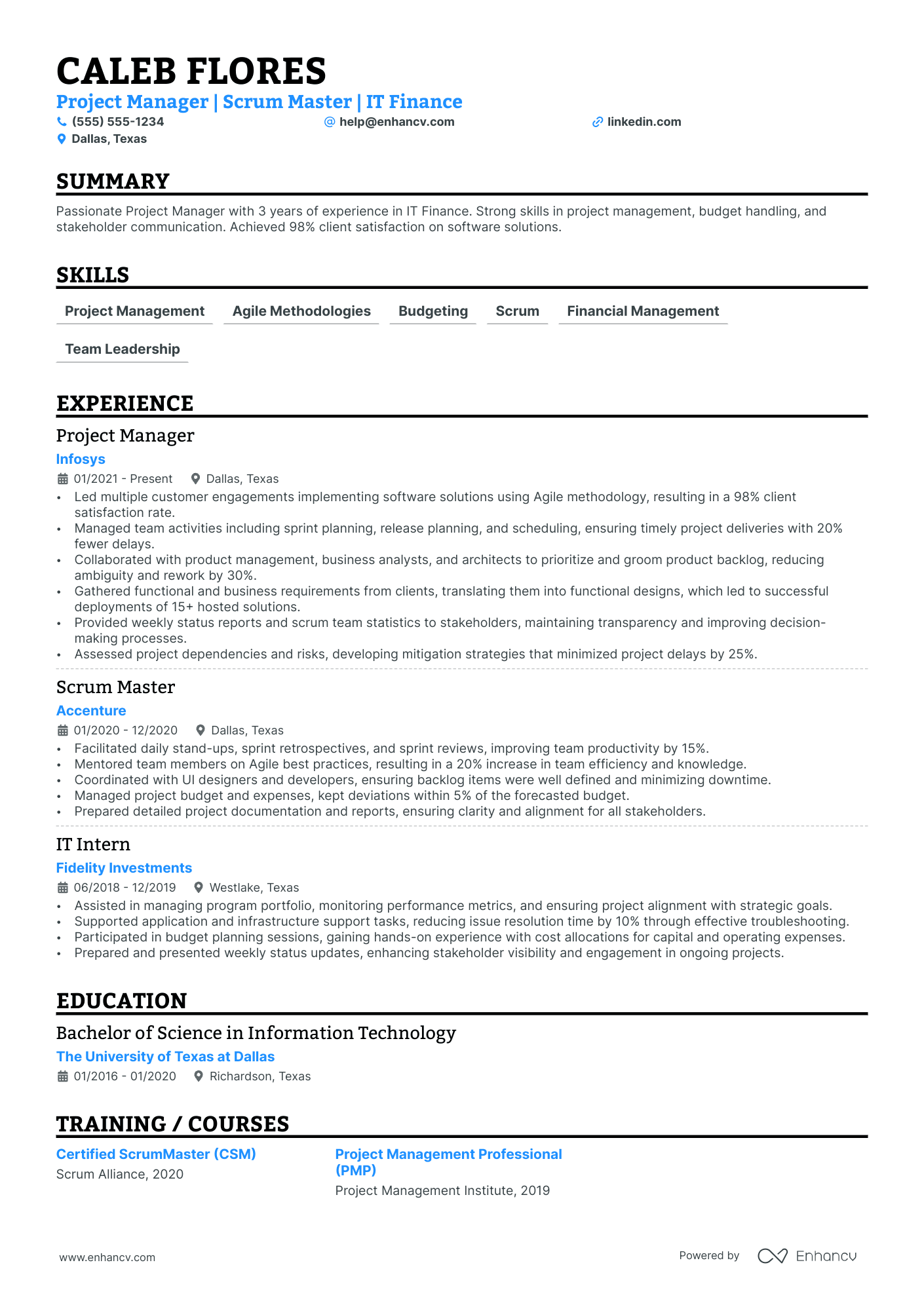 Scrum Master Project Manager resume example