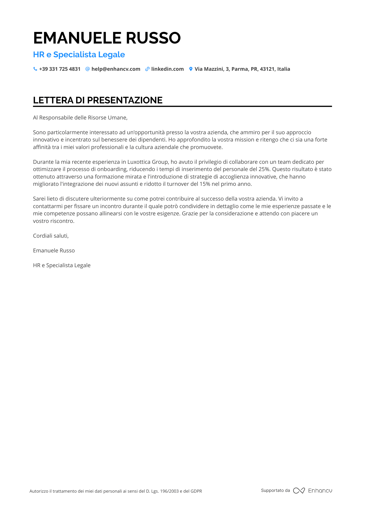 Avvocato Lettera di presentazione