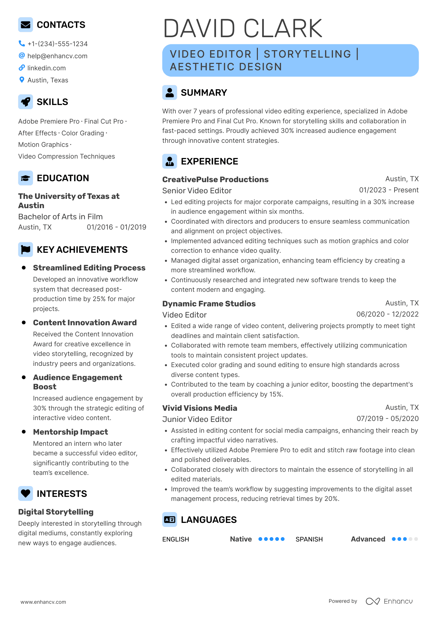 Freelance Video Editor resume example