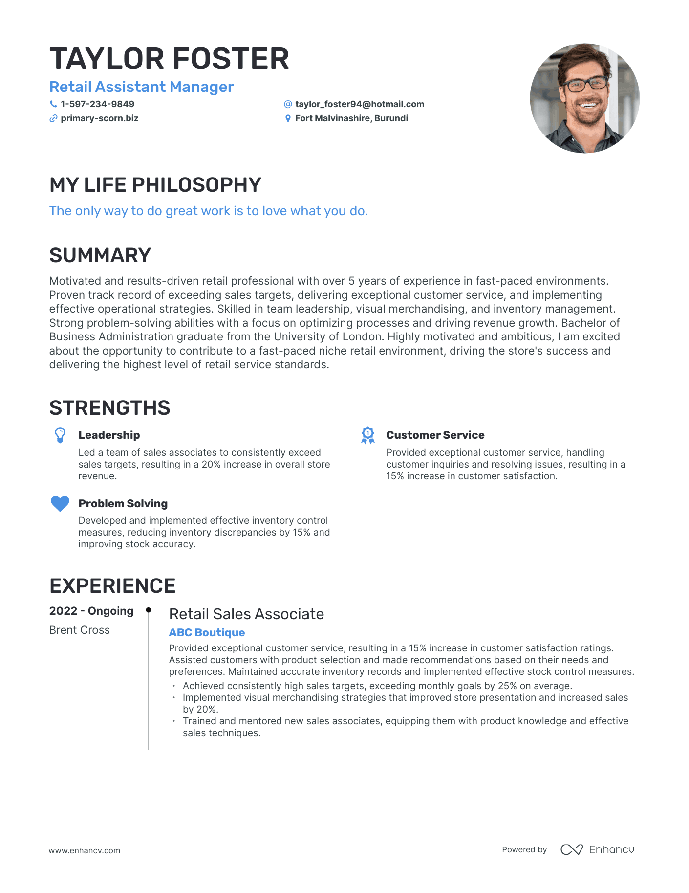 Creative Retail Assistant Manager Resume Example