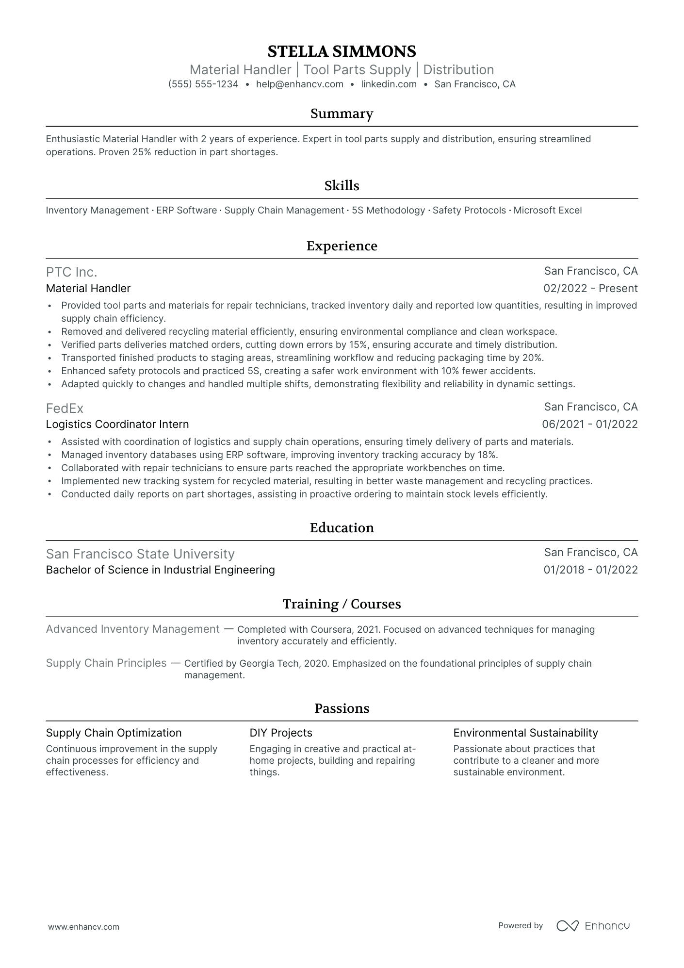 Material Handler resume example