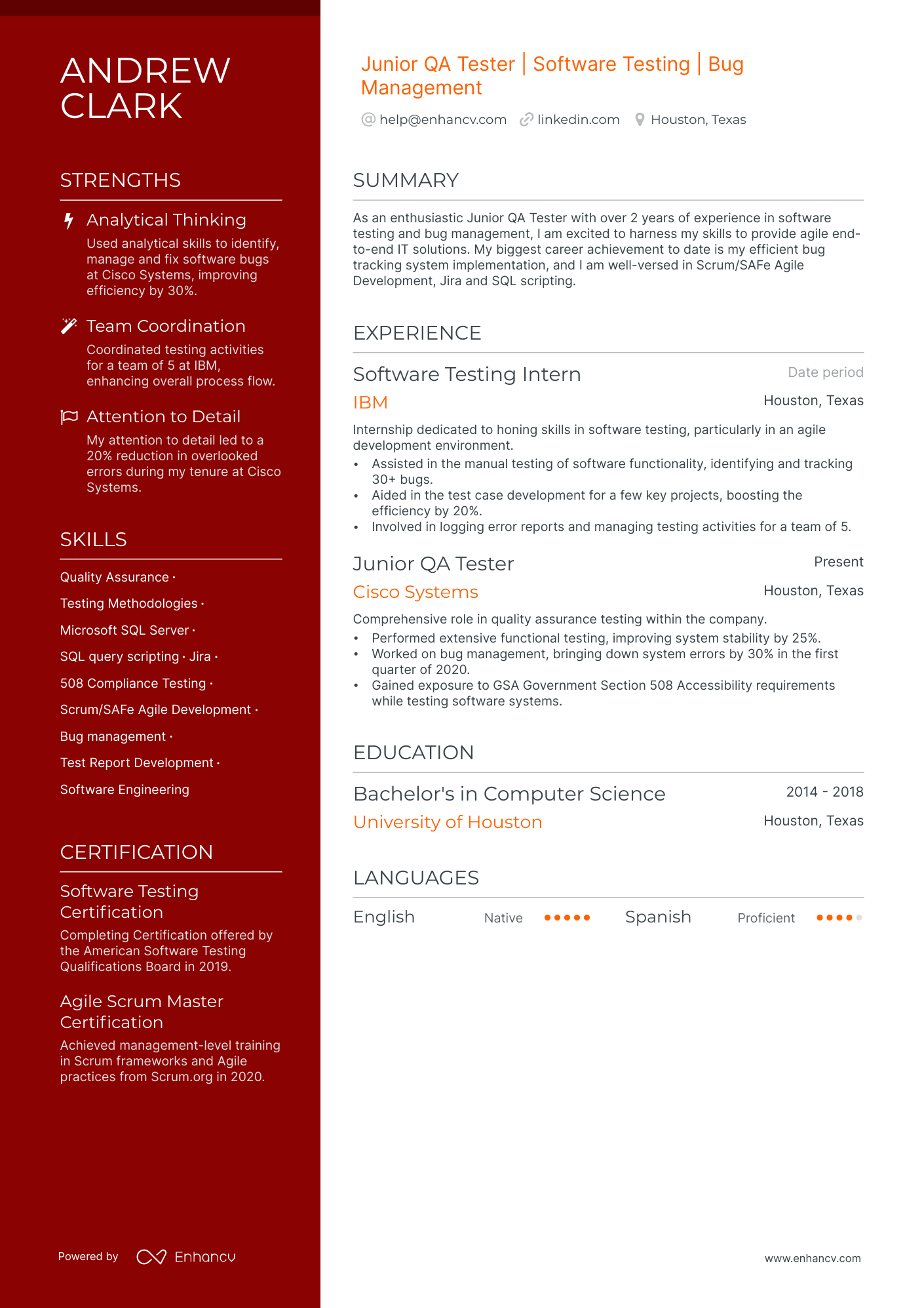 Junior QA Tester resume example